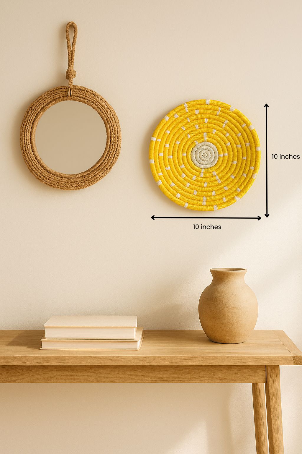 Handwoven sunshine yellow round wall plate – cheerful boho wall decor for gallery wall, entryway, or living space