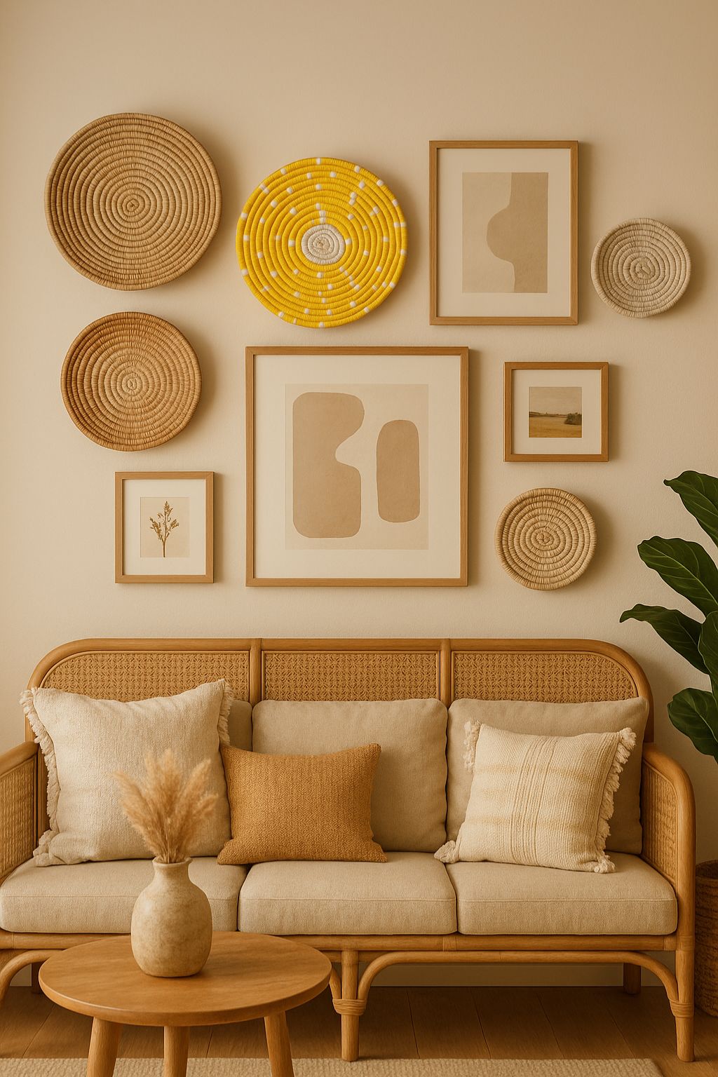 Handwoven sunshine yellow round wall plate – cheerful boho wall decor for gallery wall, entryway, or living space