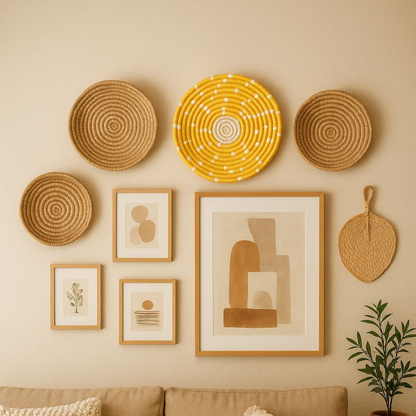 Yellow Boho Wall Plate | Handwoven Round Natural Fibre Decor