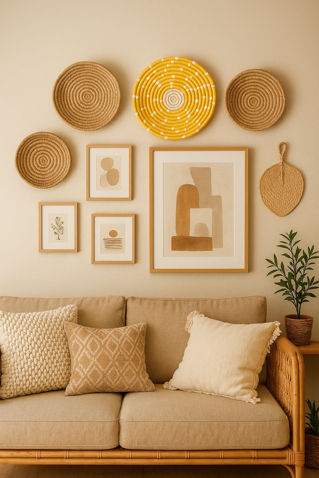 Handwoven sunshine yellow round wall plate – cheerful boho wall decor for gallery wall, entryway, or living space