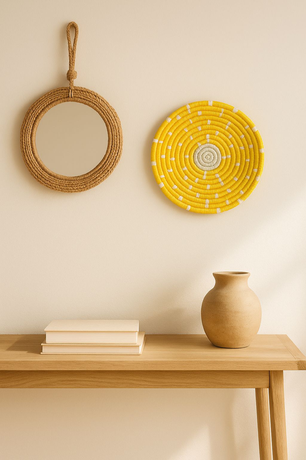 Handwoven sunshine yellow round wall plate – cheerful boho wall decor for gallery wall, entryway, or living space
