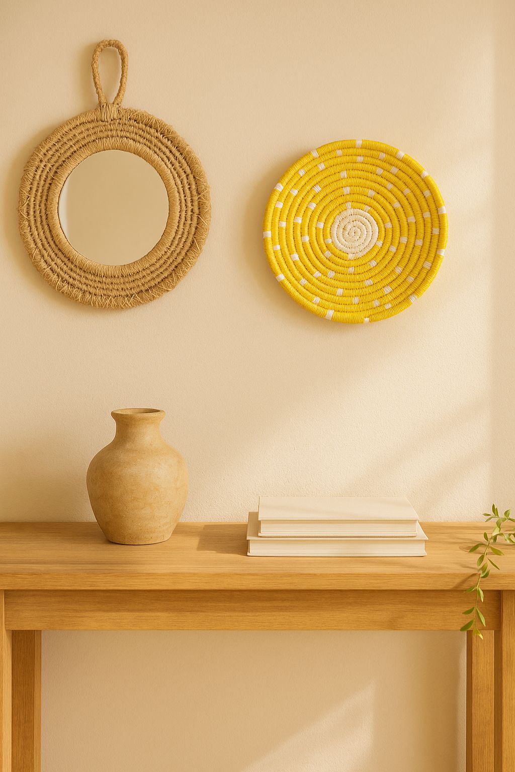 Handwoven sunshine yellow round wall plate – cheerful boho wall decor for gallery wall, entryway, or living space