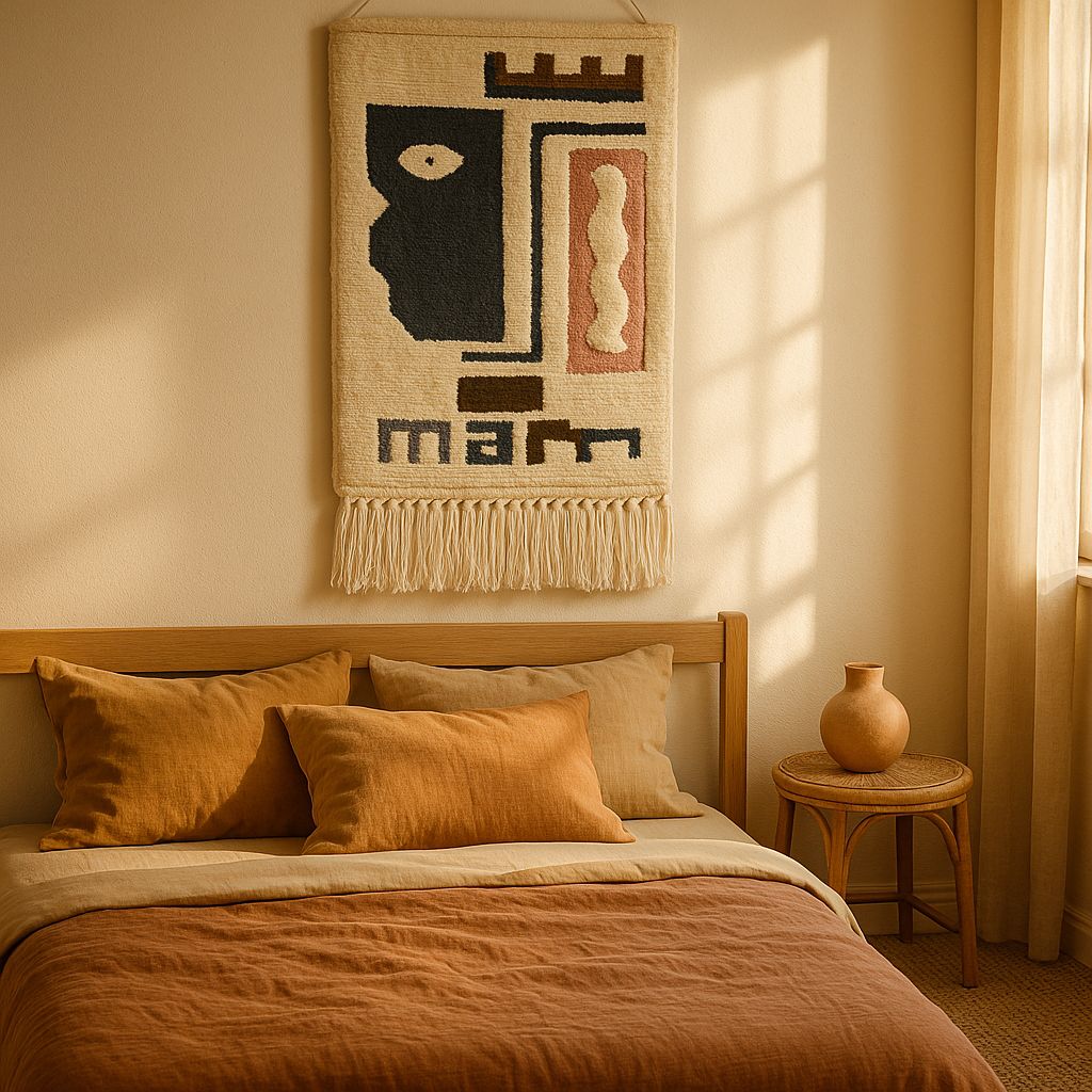 Handwoven tufted tribal wall hanging with neutral tones and tassels – boho décor for hallway, bedroom, or living space