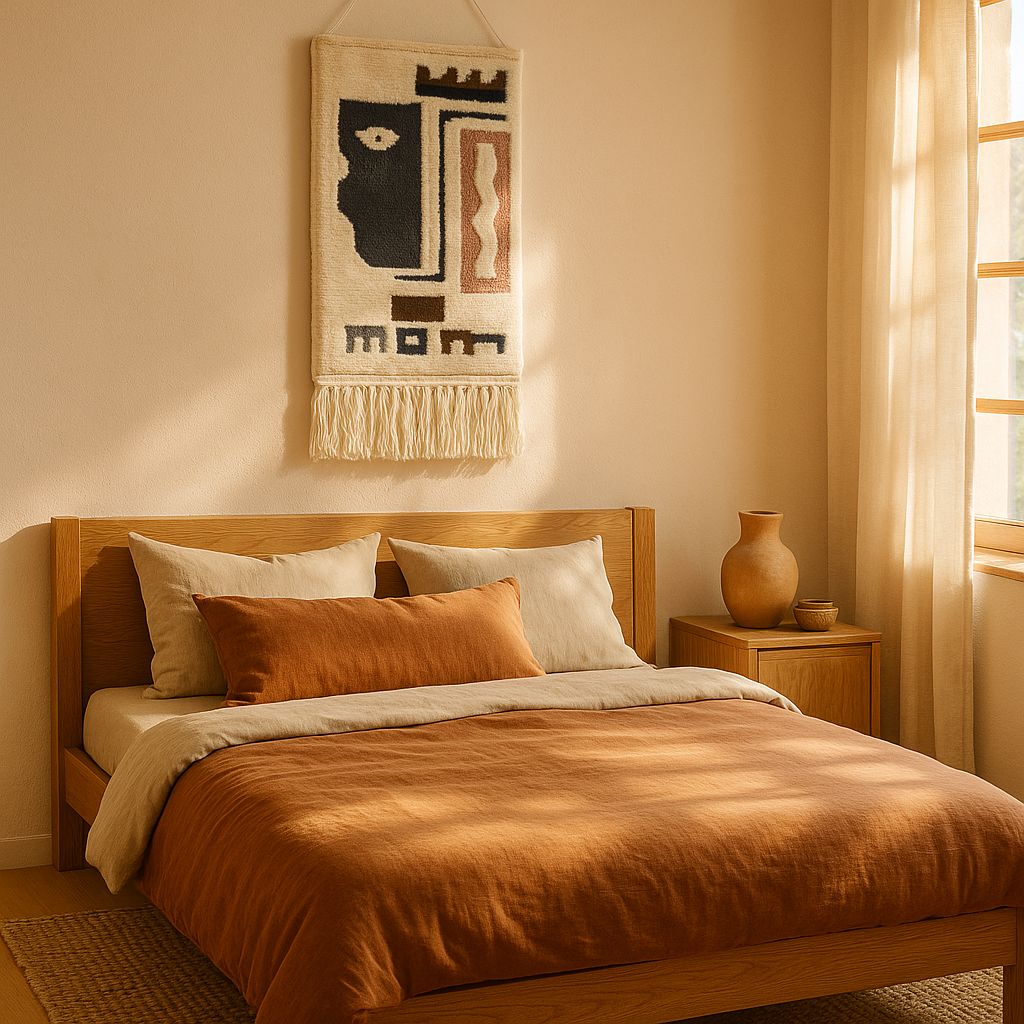 Handwoven tufted tribal wall hanging with neutral tones and tassels – boho décor for hallway, bedroom, or living space