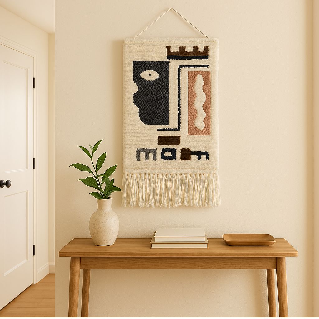 Handwoven tufted tribal wall hanging with neutral tones and tassels – boho décor for hallway, bedroom, or living space