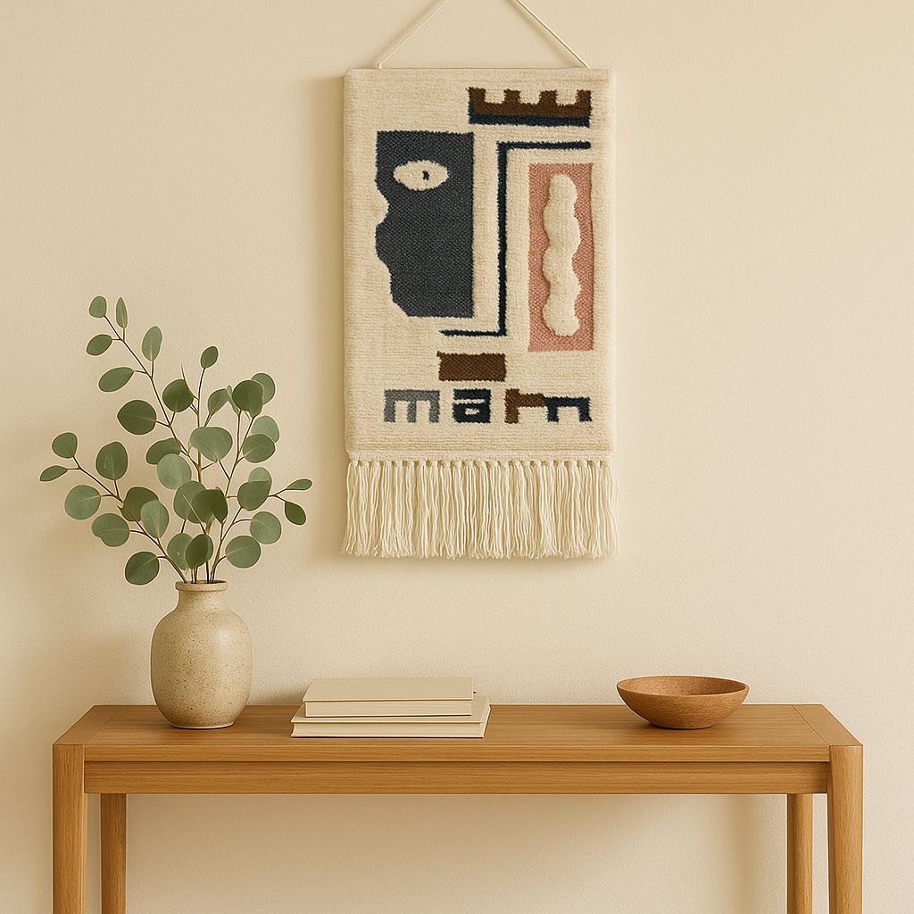 Handwoven tufted tribal wall hanging with neutral tones and tassels – boho décor for hallway, bedroom, or living space