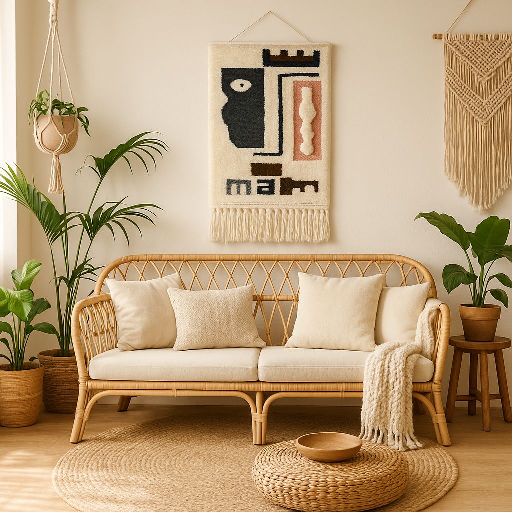 Handwoven tufted tribal wall hanging with neutral tones and tassels – boho décor for hallway, bedroom, or living space