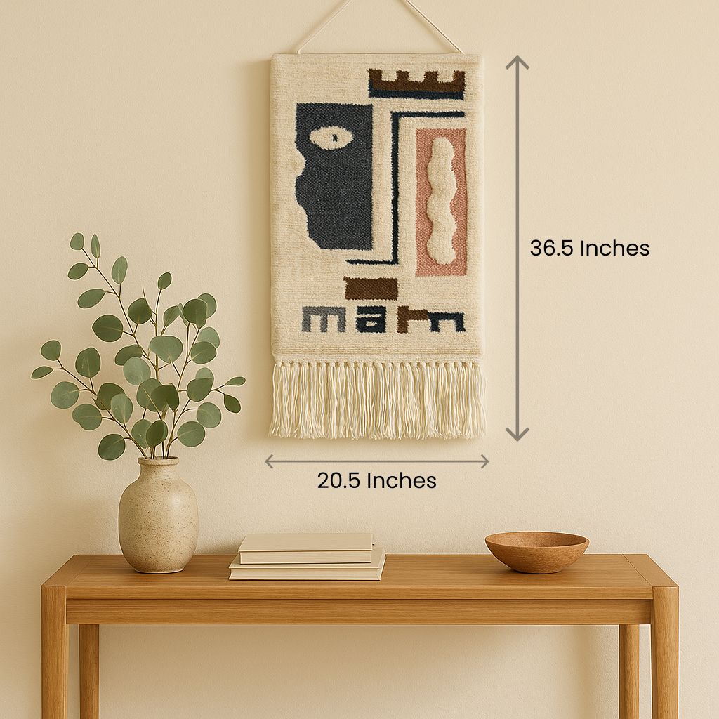 Handwoven tufted tribal wall hanging with neutral tones and tassels – boho décor for hallway, bedroom, or living space