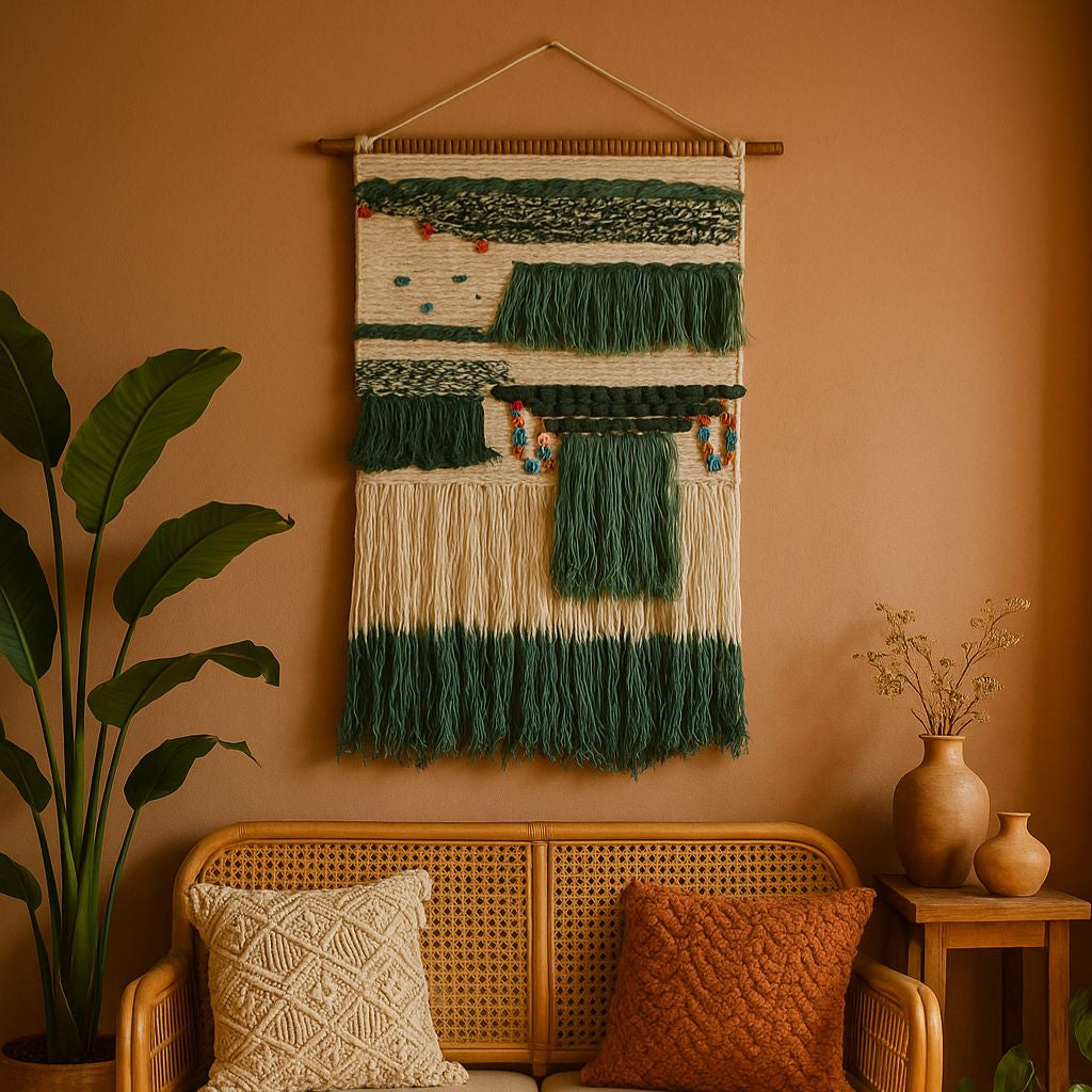 Gleemium Tufted Wall Hanging with Ombre Fringes – Handwoven Boho Wall Art