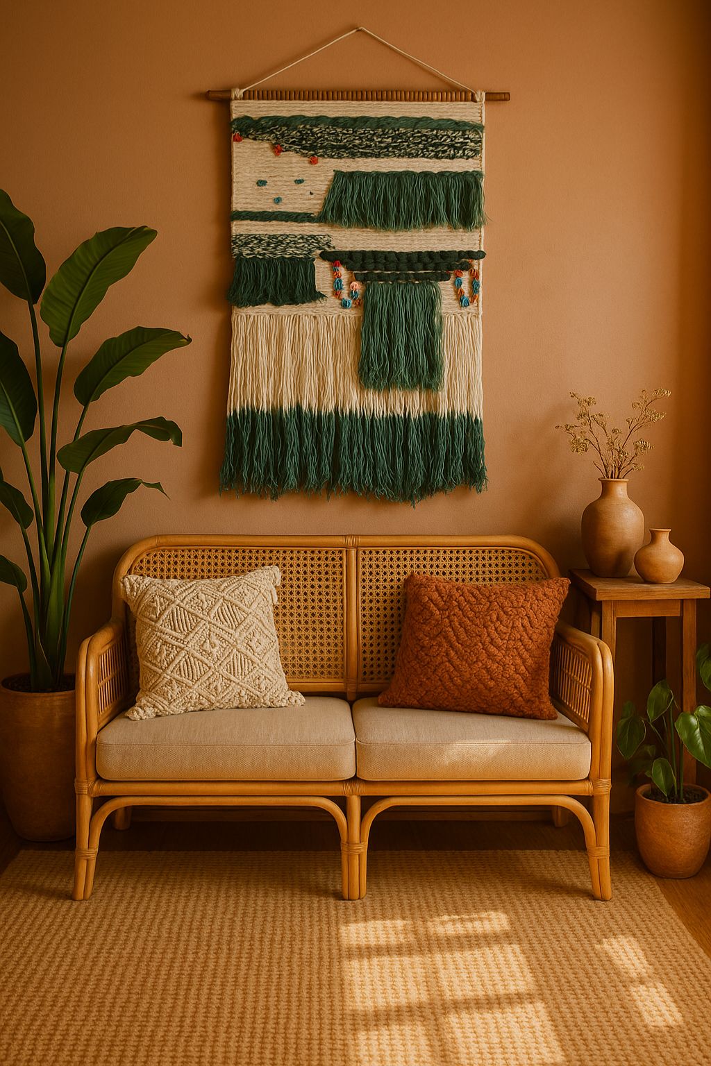 Handwoven tufted wall hanging with ombre fringes – soft boho decor for living room, bedroom, or reading corner

