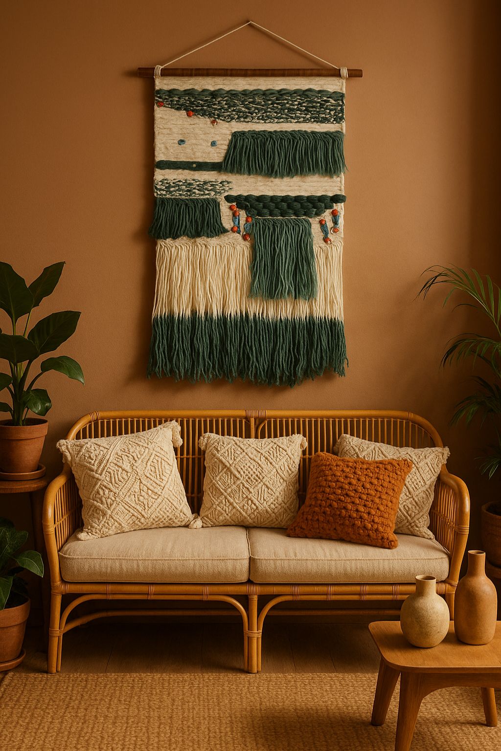 Handwoven tufted wall hanging with ombre fringes – soft boho decor for living room, bedroom, or reading corner

