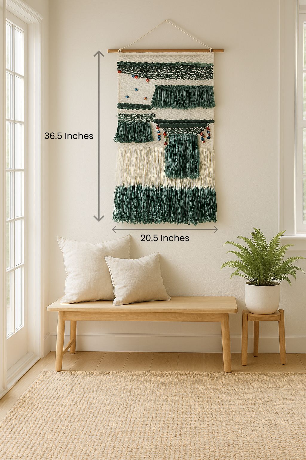 Handwoven tufted wall hanging with ombre fringes – soft boho decor for living room, bedroom, or reading corner

