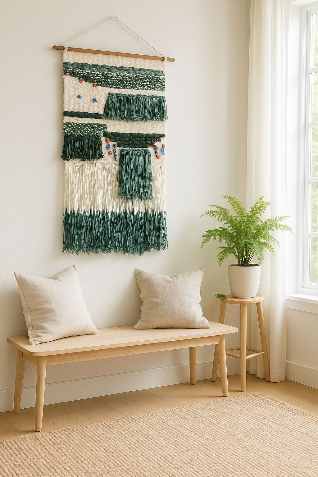 Handwoven tufted wall hanging with ombre fringes – soft boho decor for living room, bedroom, or reading corner

