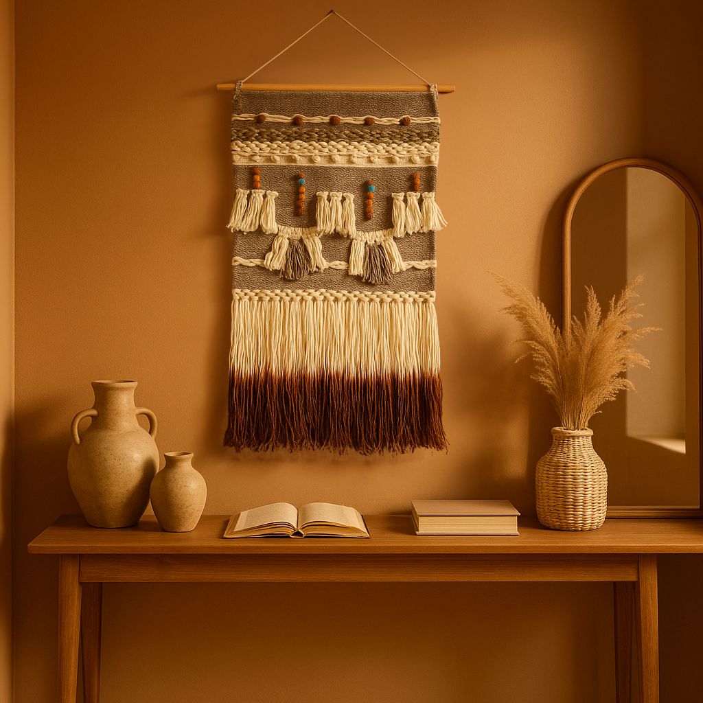 Handwoven wall hanging with wooden beads, fringe, and tassels – boho cotton decor for bedroom, hallway, or entry nook

