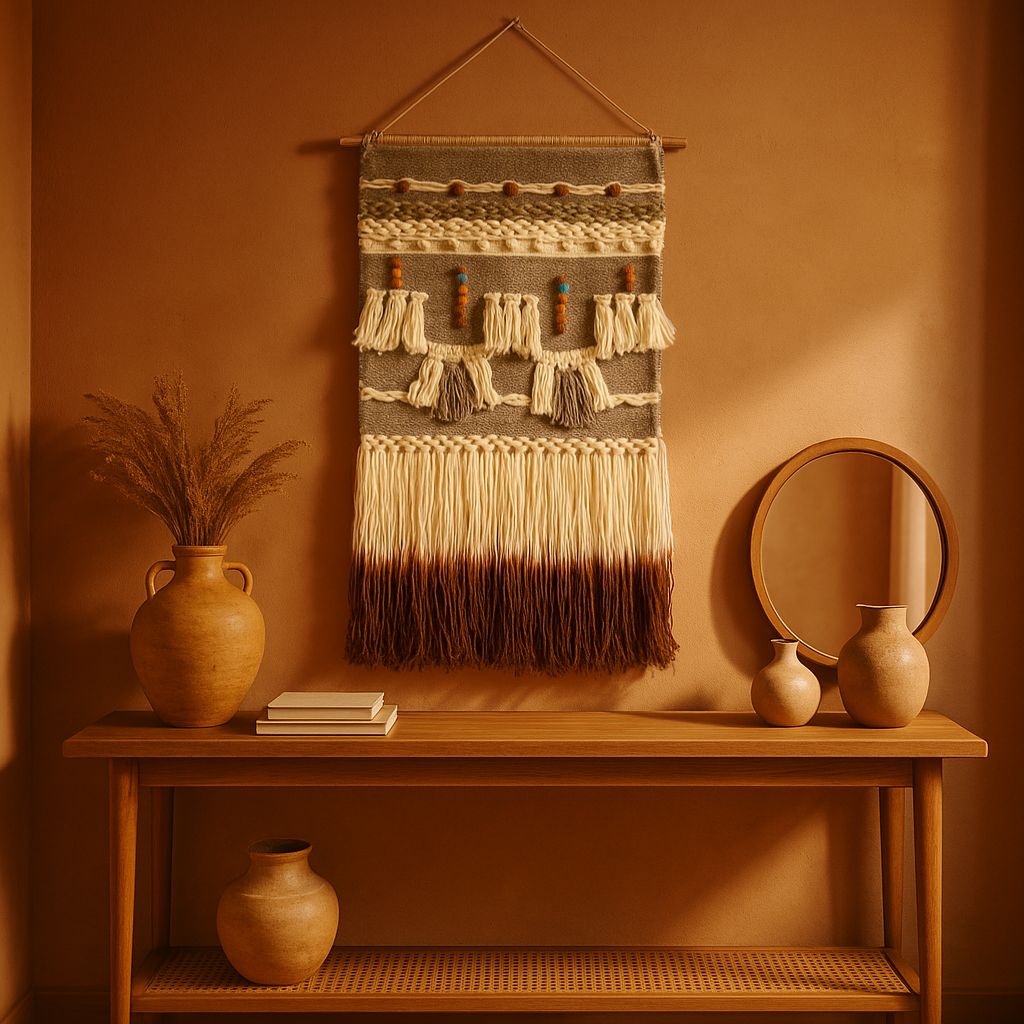 Handwoven wall hanging with wooden beads, fringe, and tassels – boho cotton decor for bedroom, hallway, or entry nook

