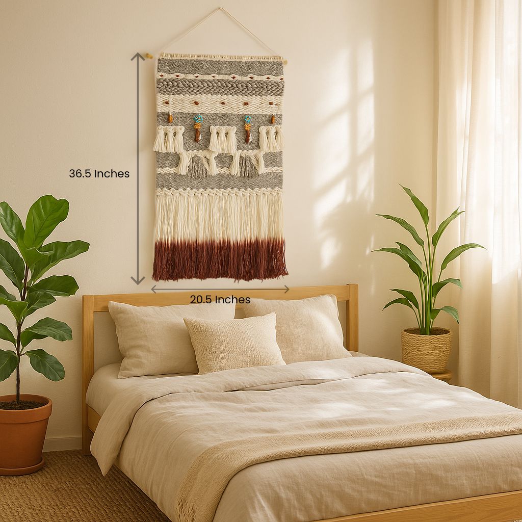 Handwoven wall hanging with wooden beads, fringe, and tassels – boho cotton decor for bedroom, hallway, or entry nook

