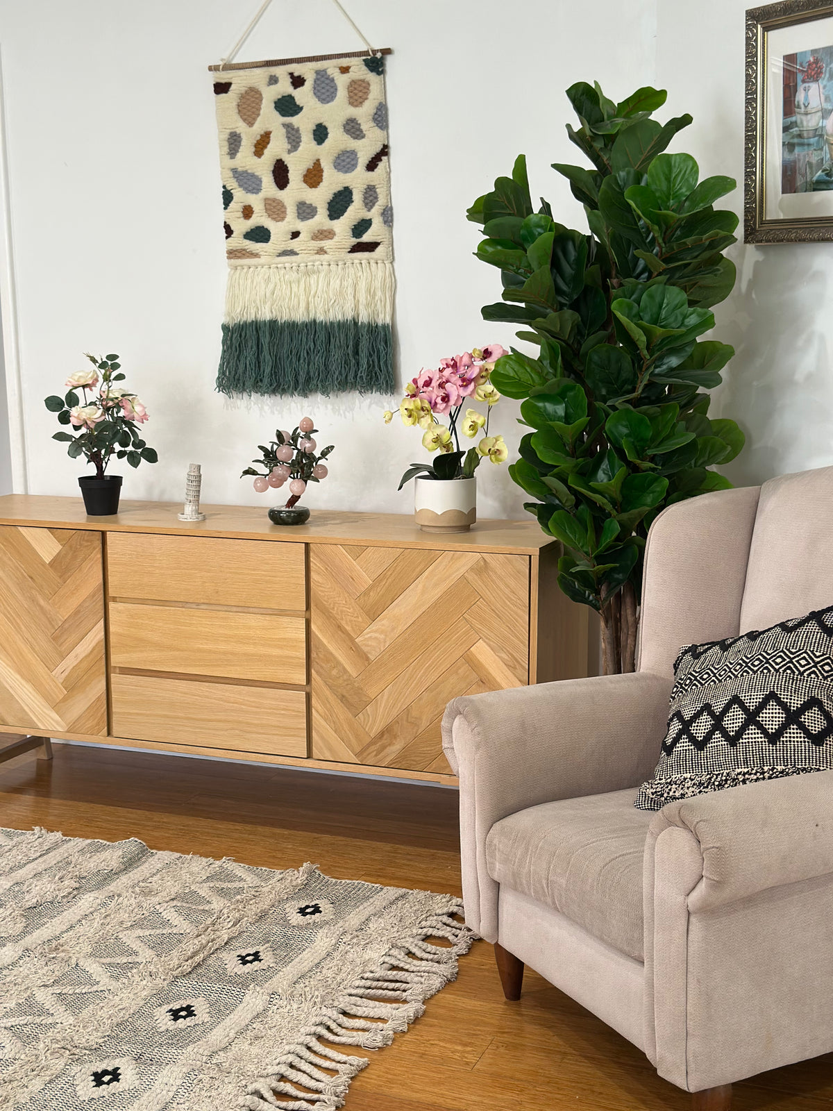 Textured Rug with Panels &amp; Braided Tassels
