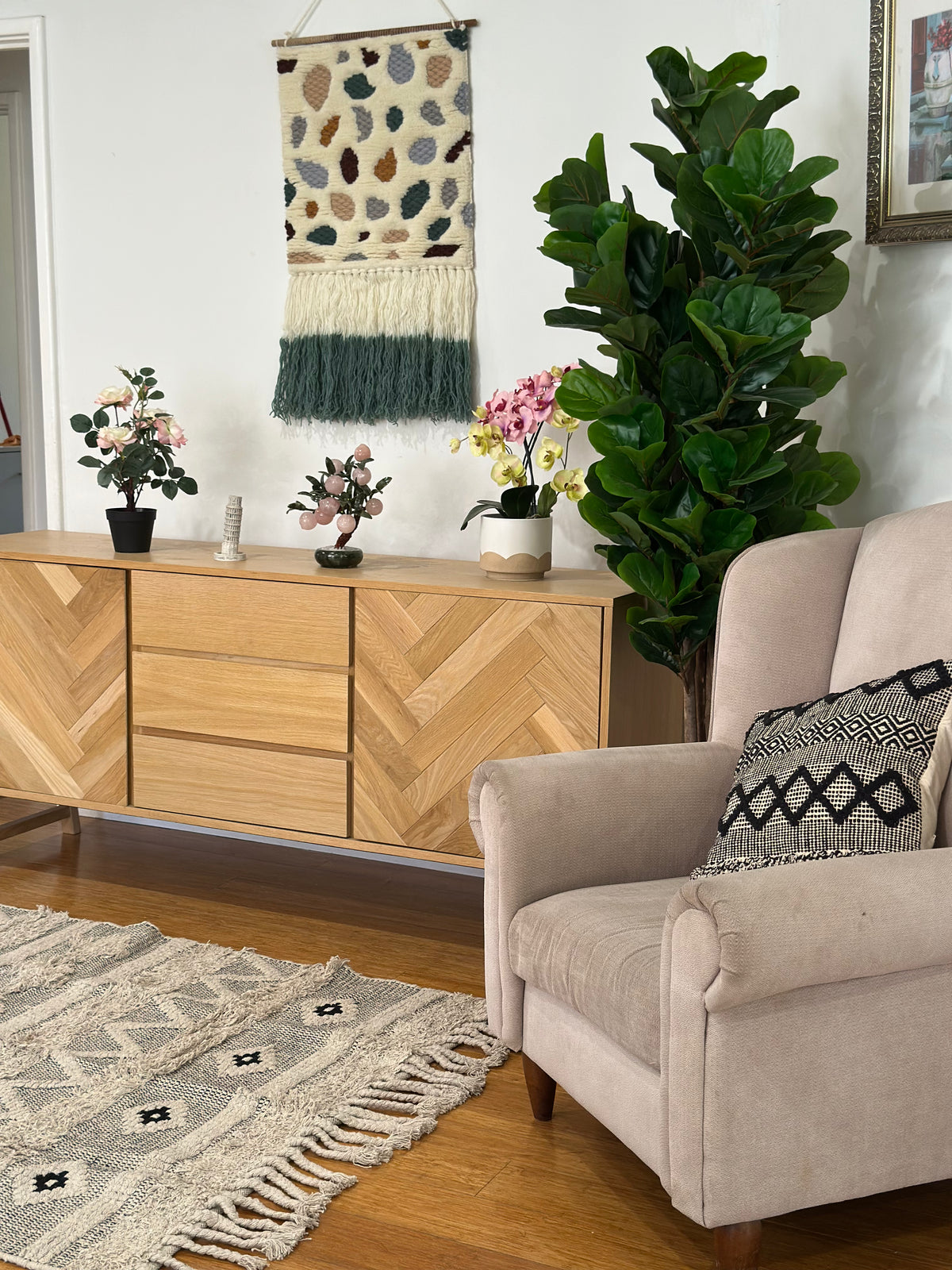 Textured Rug with Panels &amp; Braided Tassels