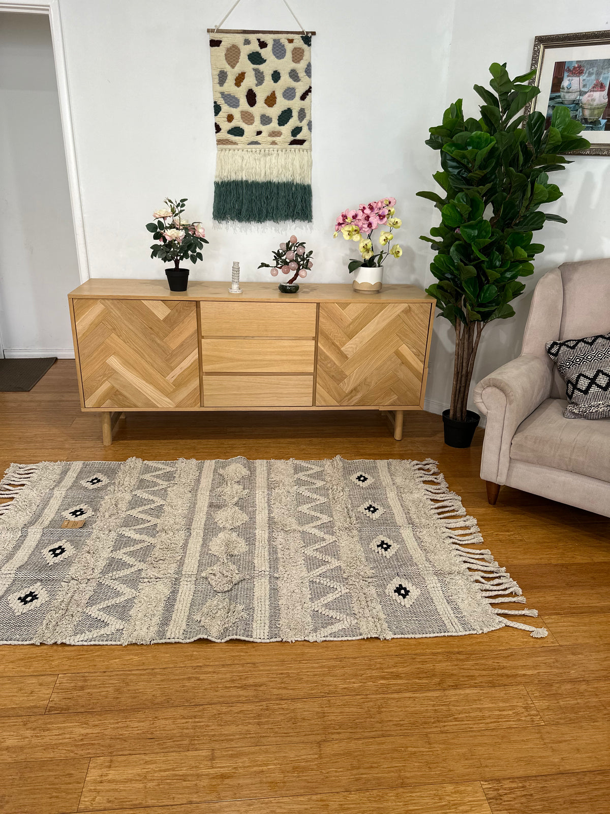 Textured Rug with Panels &amp; Braided Tassels