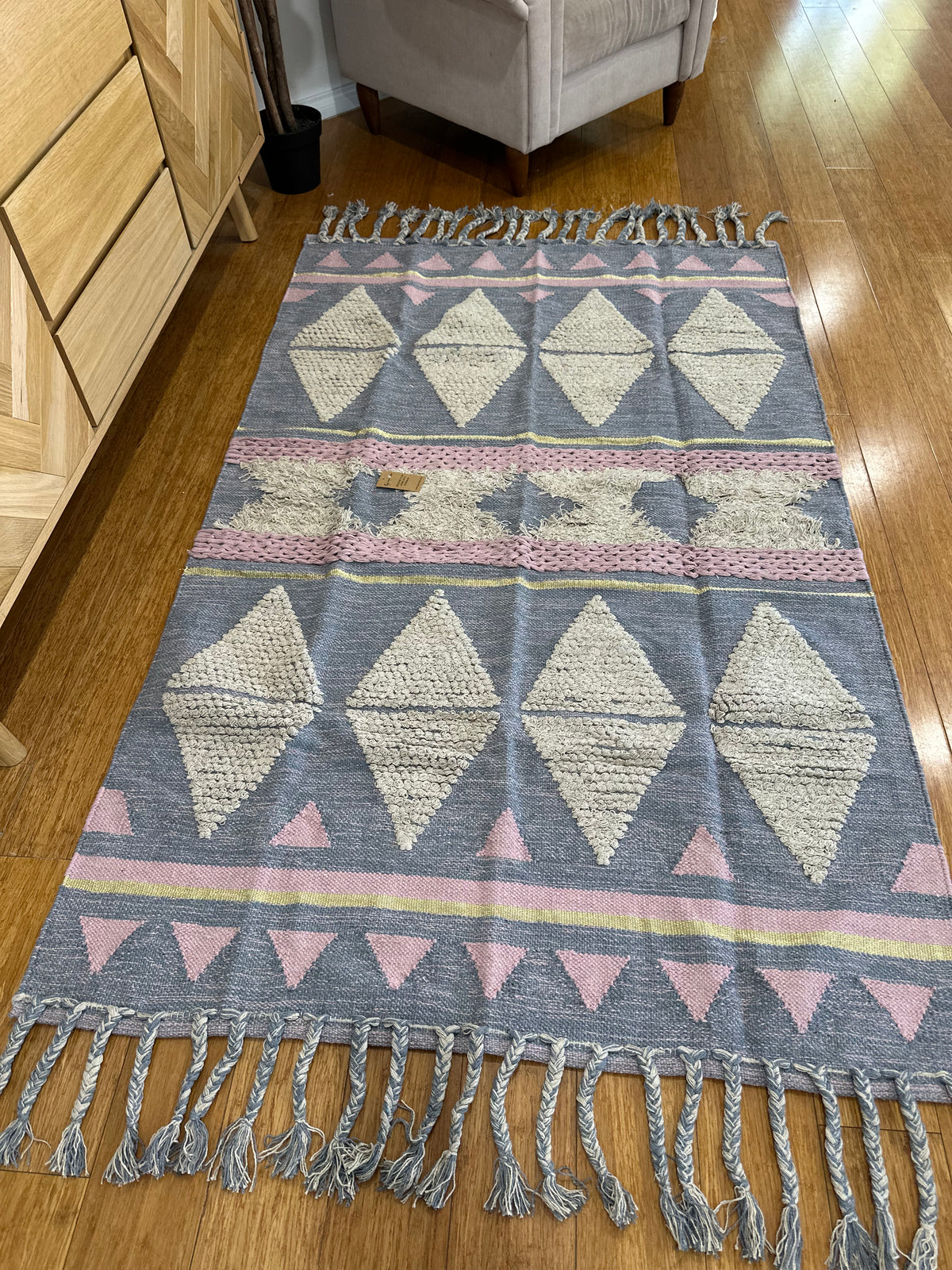 Geometric Fringed Rug with Tassel Braids
