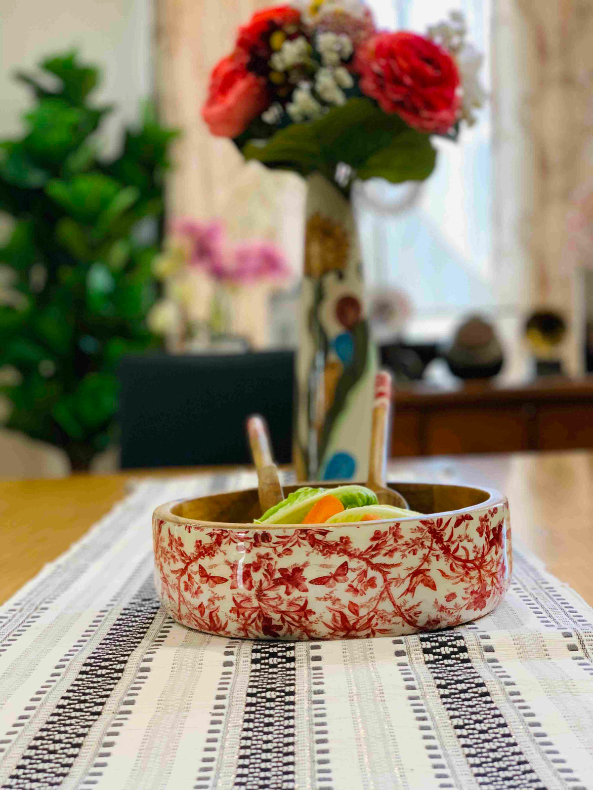 Floral Wooden Salad Bowl with Servers Set – Handcrafted