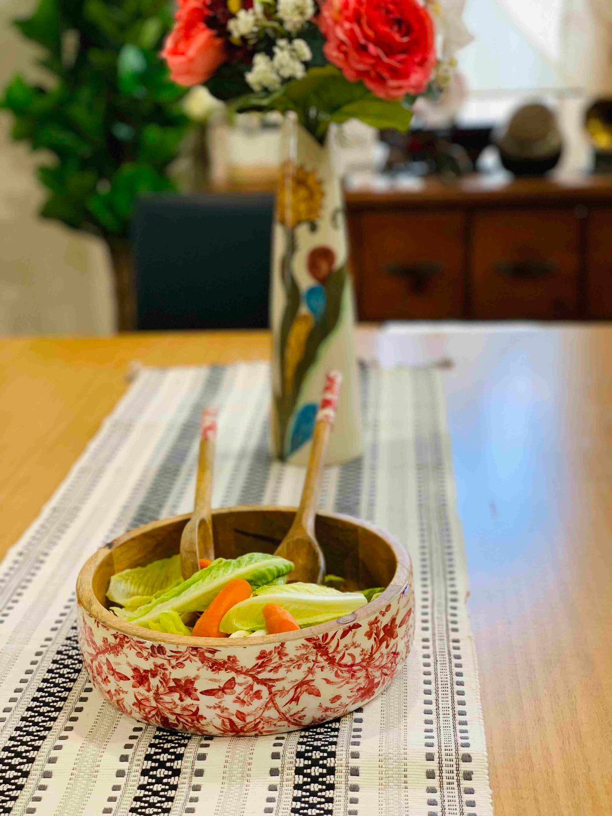 Floral Wooden Salad Bowl with Servers Set – Handcrafted