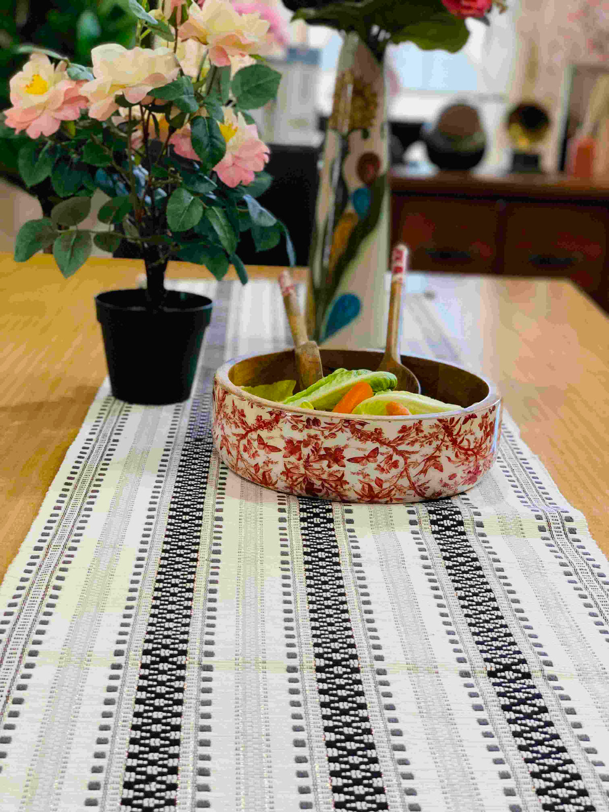 Floral Wooden Salad Bowl with Servers Set – Handcrafted