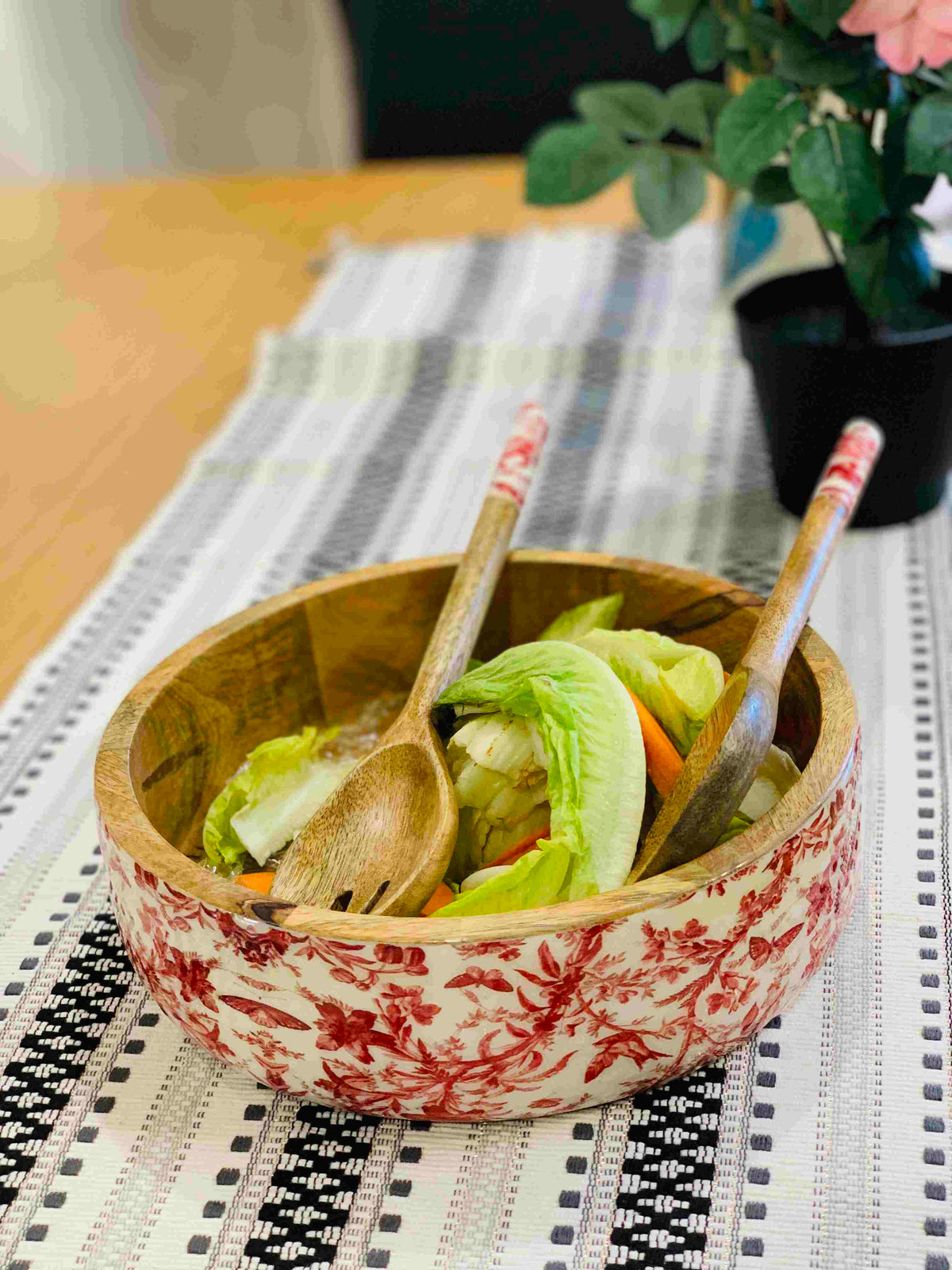 Floral Wooden Salad Bowl with Servers Set – Handcrafted