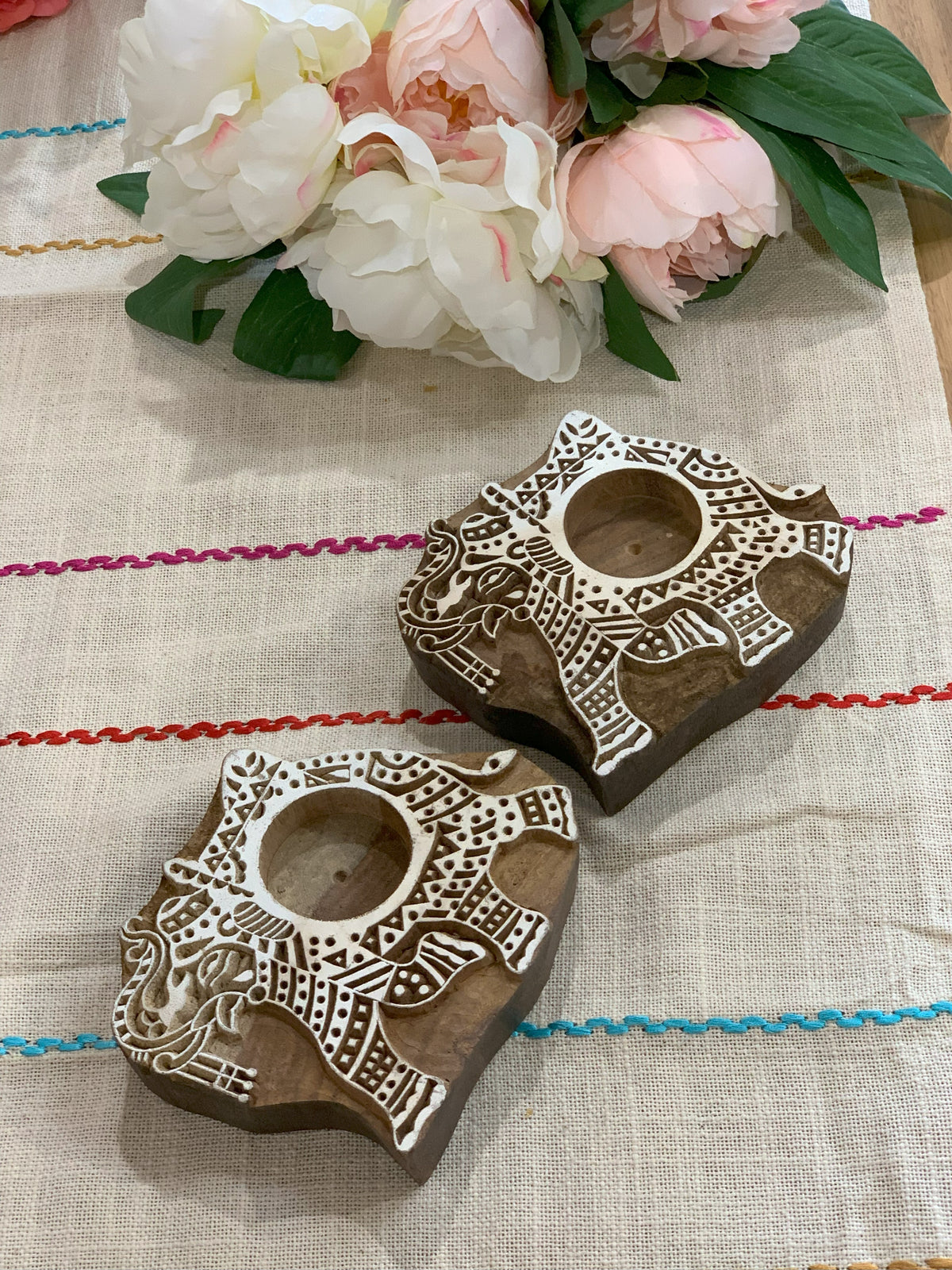 Hand Carved Wooden Elephant Tealight Holders (Set of 2)