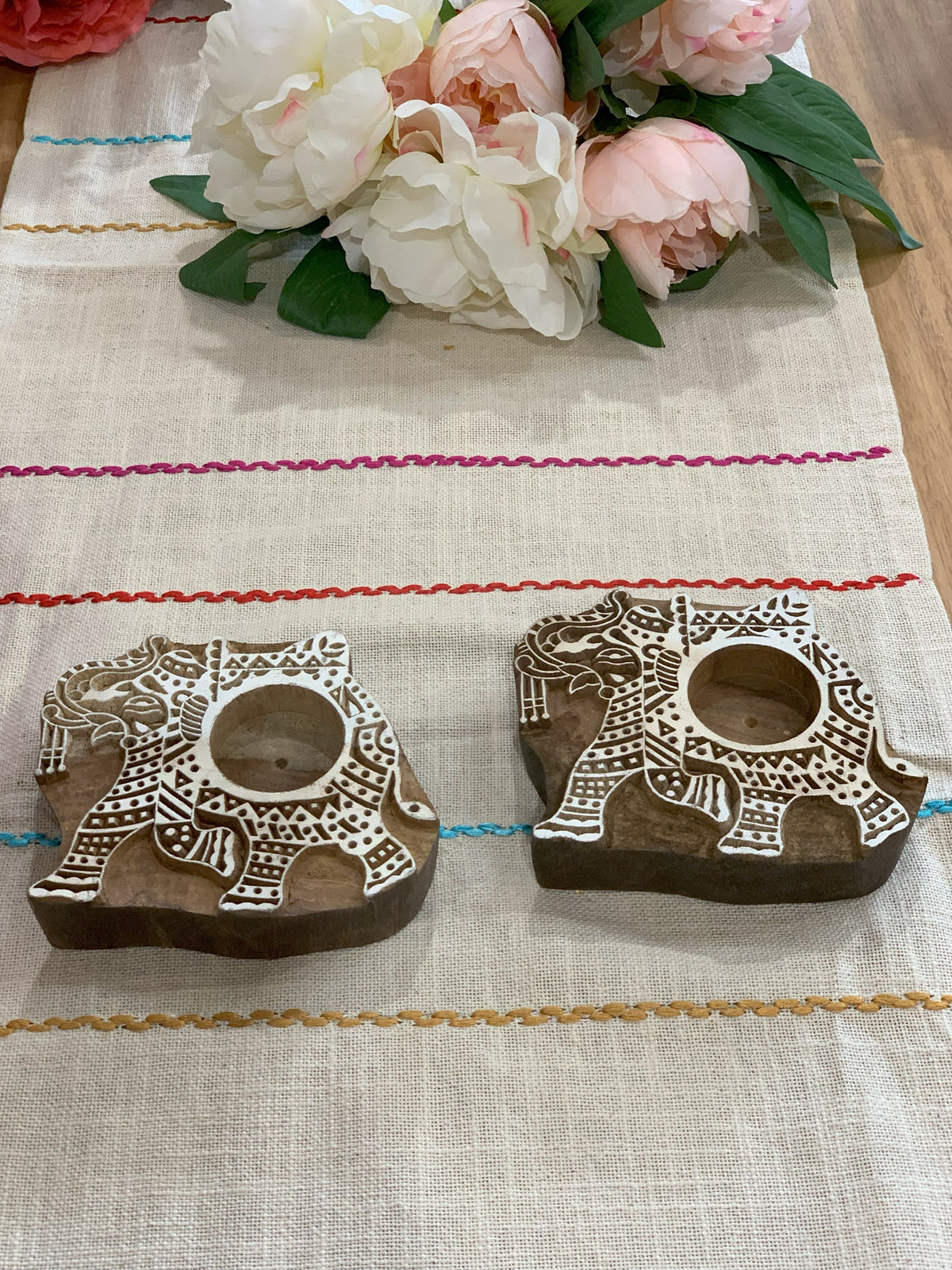 Hand Carved Wooden Elephant Tealight Holders (Set of 2)