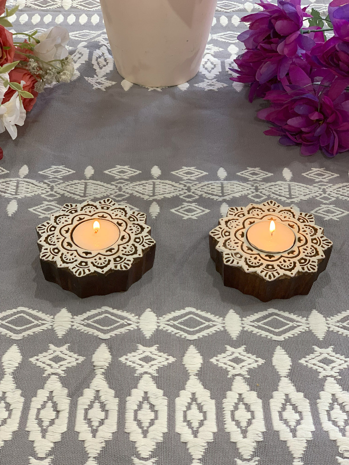 Hand Carved Wooden Mandala Tealight Holders (Set of 2)
