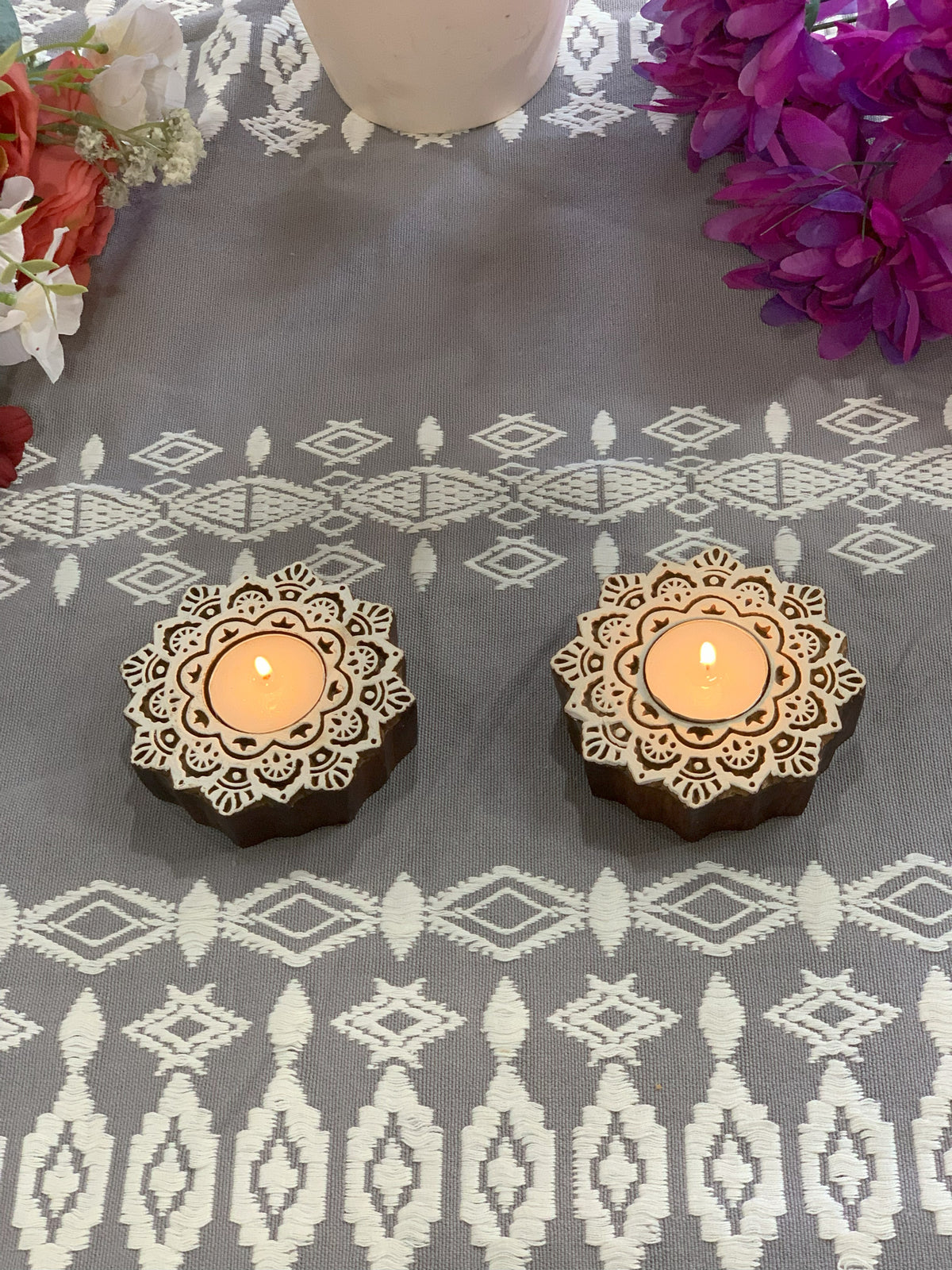 Hand Carved Wooden Mandala Tealight Holders (Set of 2)