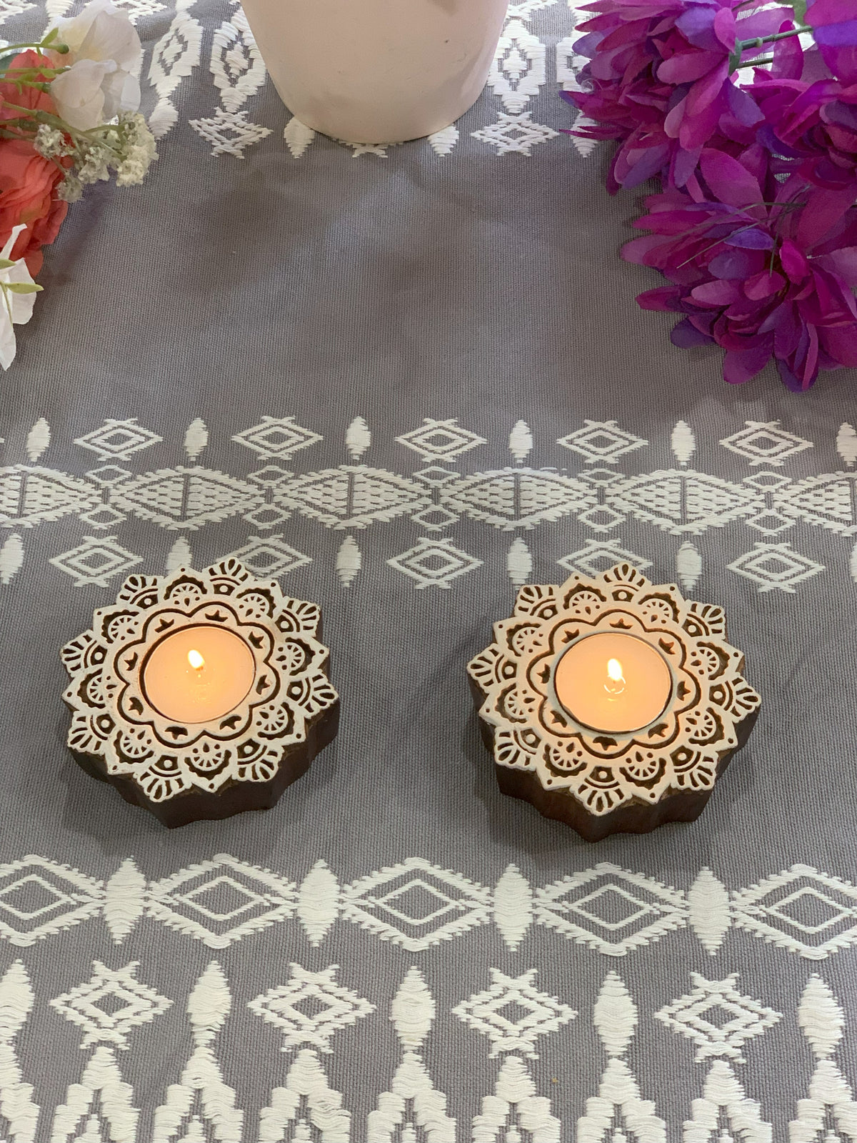Hand Carved Wooden Mandala Tealight Holders (Set of 2)