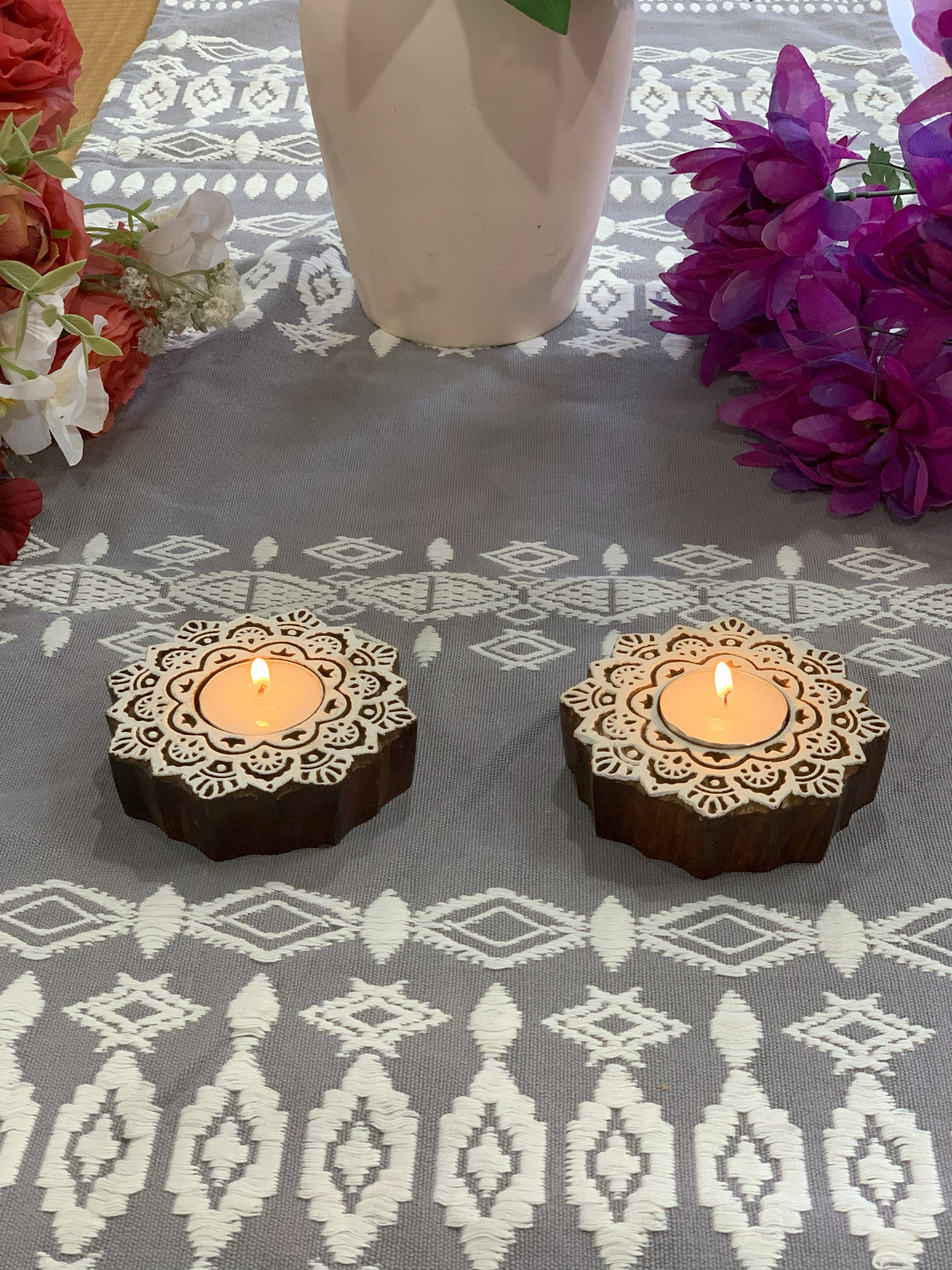 Hand Carved Wooden Mandala Tealight Holders (Set of 2)