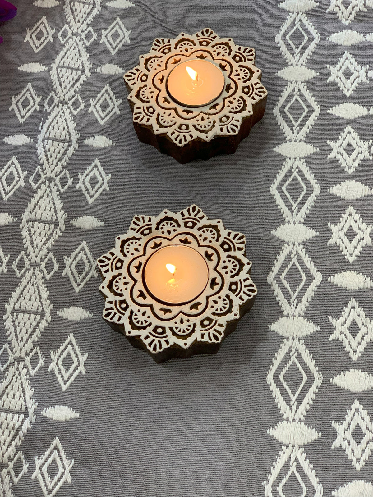 Hand Carved Wooden Mandala Tealight Holders (Set of 2)