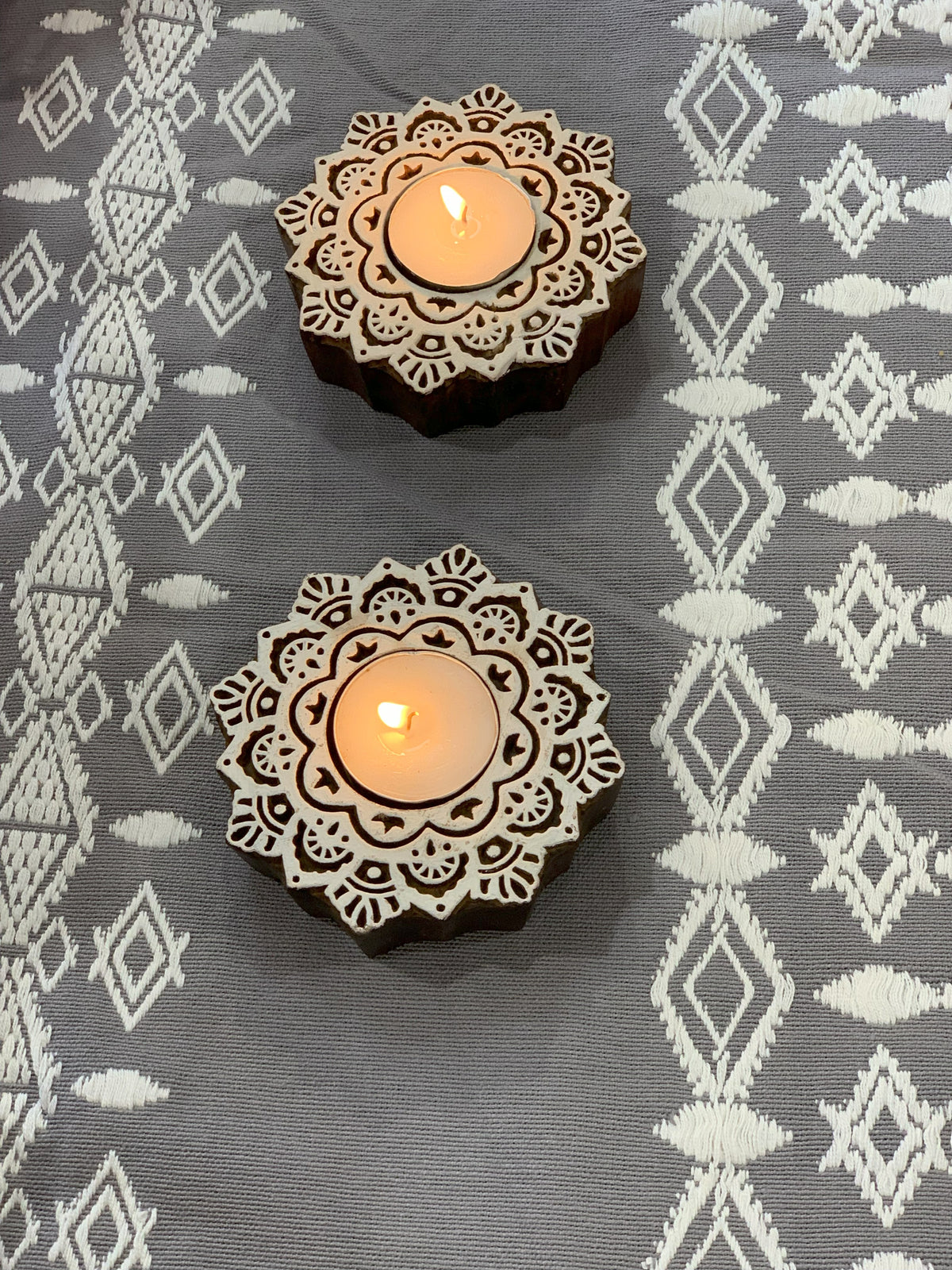Hand Carved Wooden Mandala Tealight Holders (Set of 2)