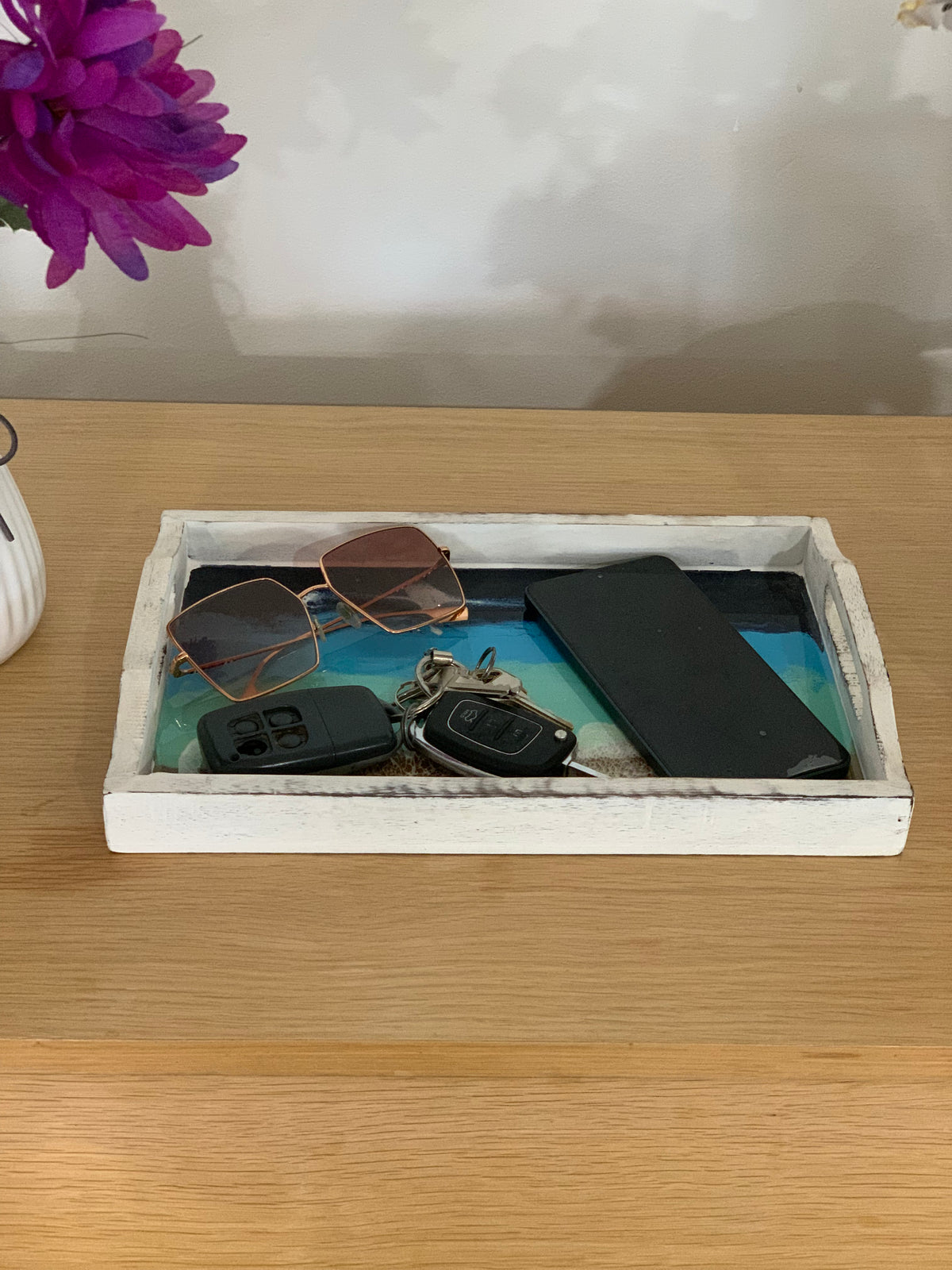 Hand Carved Mango Wood Tray – Abstract Enameled