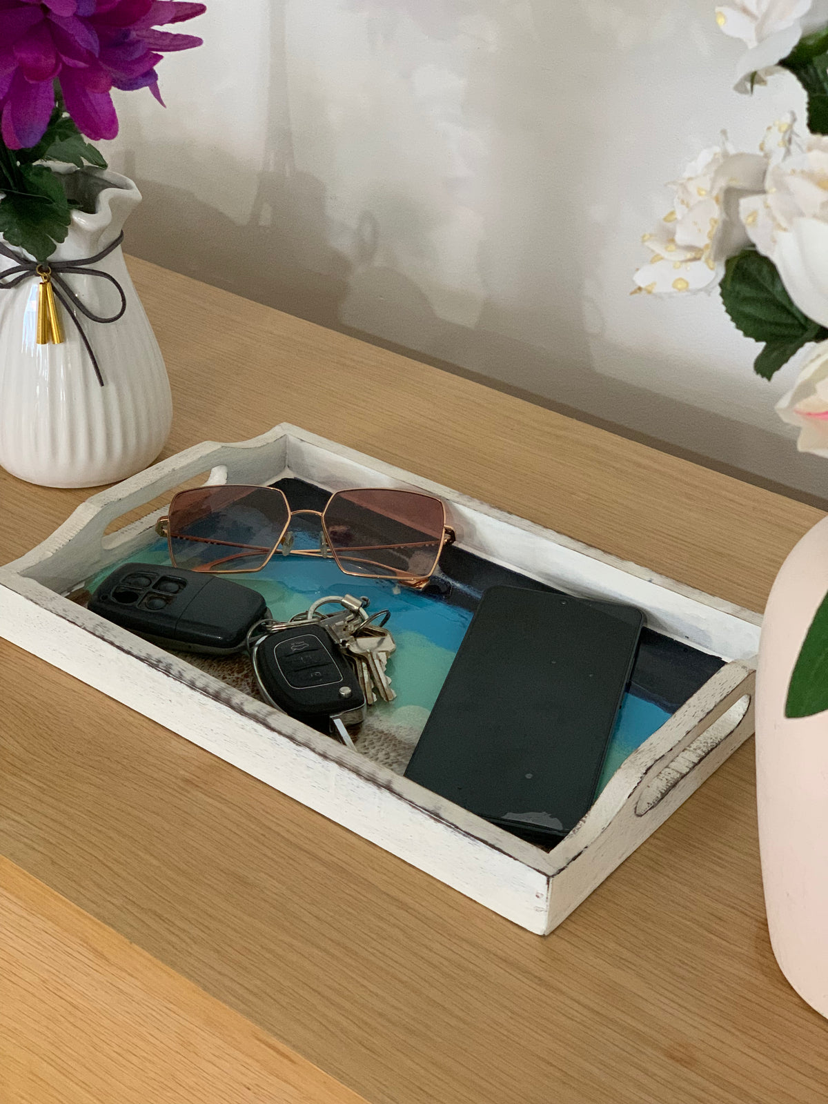 Hand Carved Mango Wood Tray – Abstract Enameled