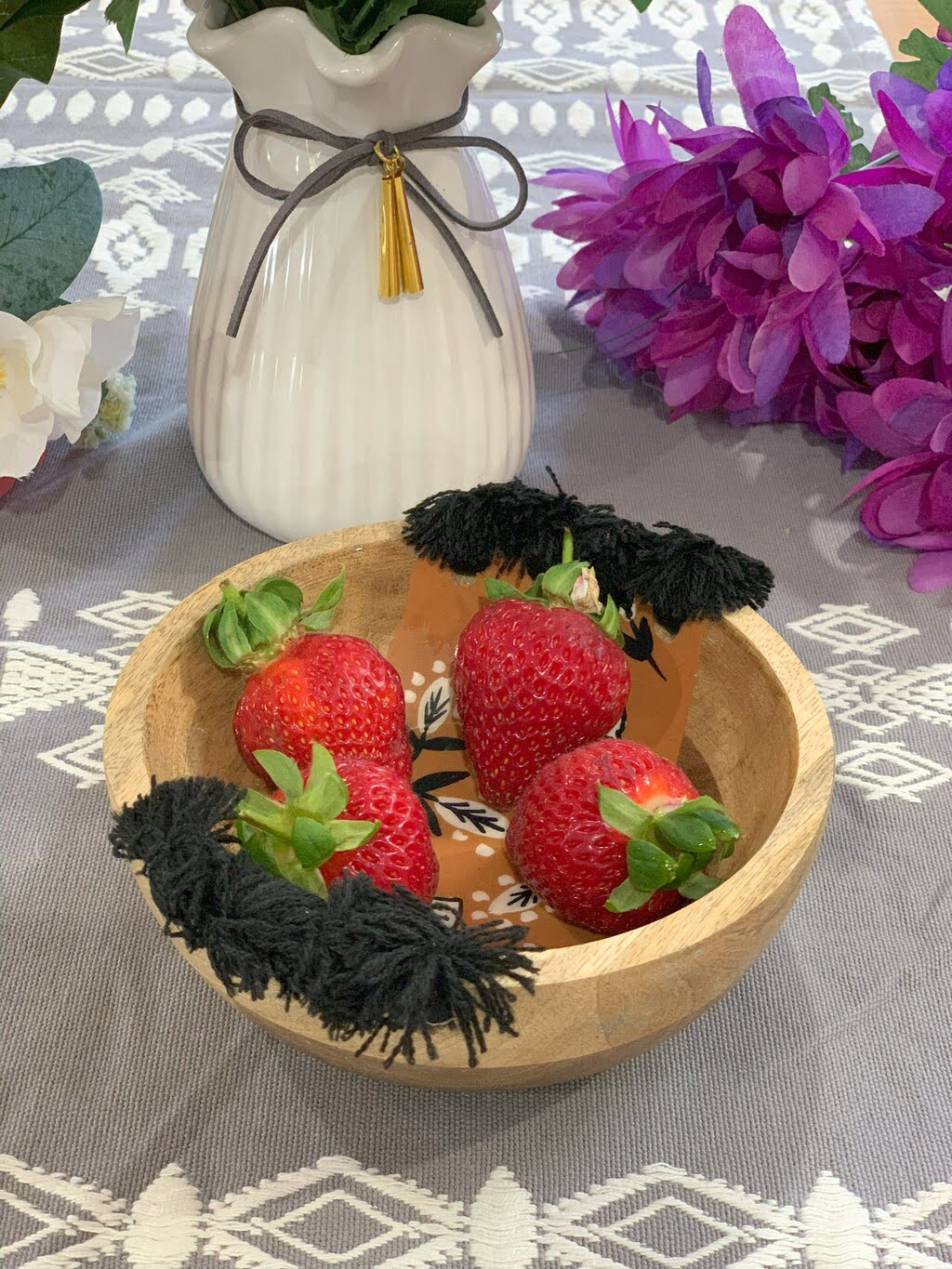 Enamelled Floral Tasseled Wooden Serving Bowl