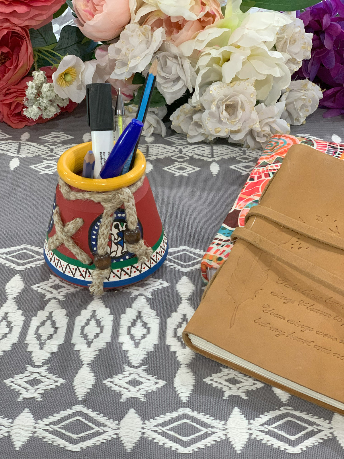 Hand Painted Clay Tribal Pen Stand