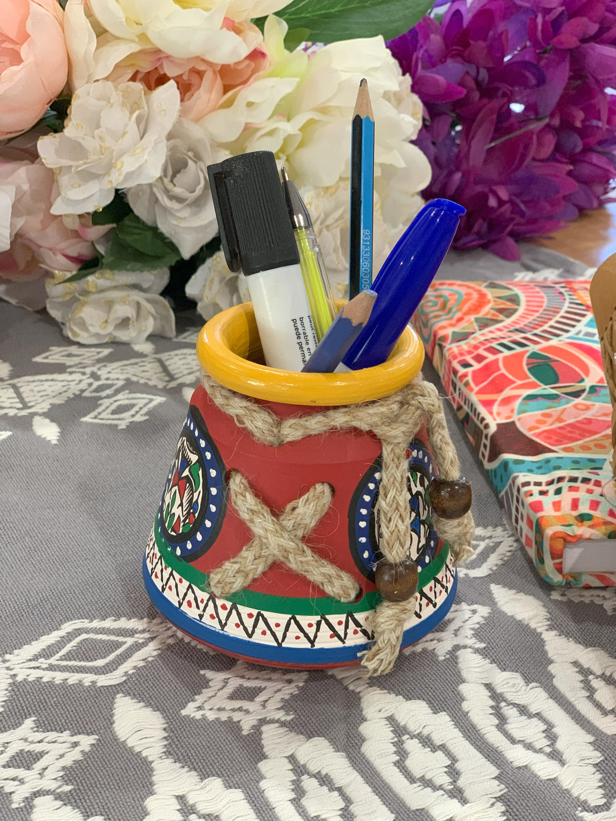 Hand Painted Clay Tribal Pen Stand