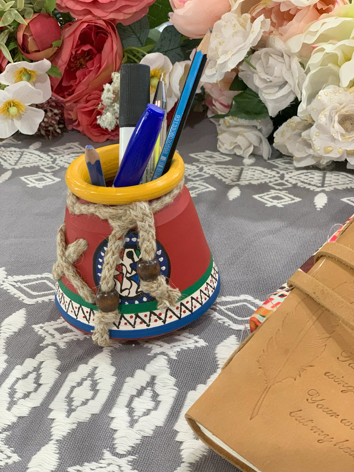 Hand Painted Clay Tribal Pen Stand