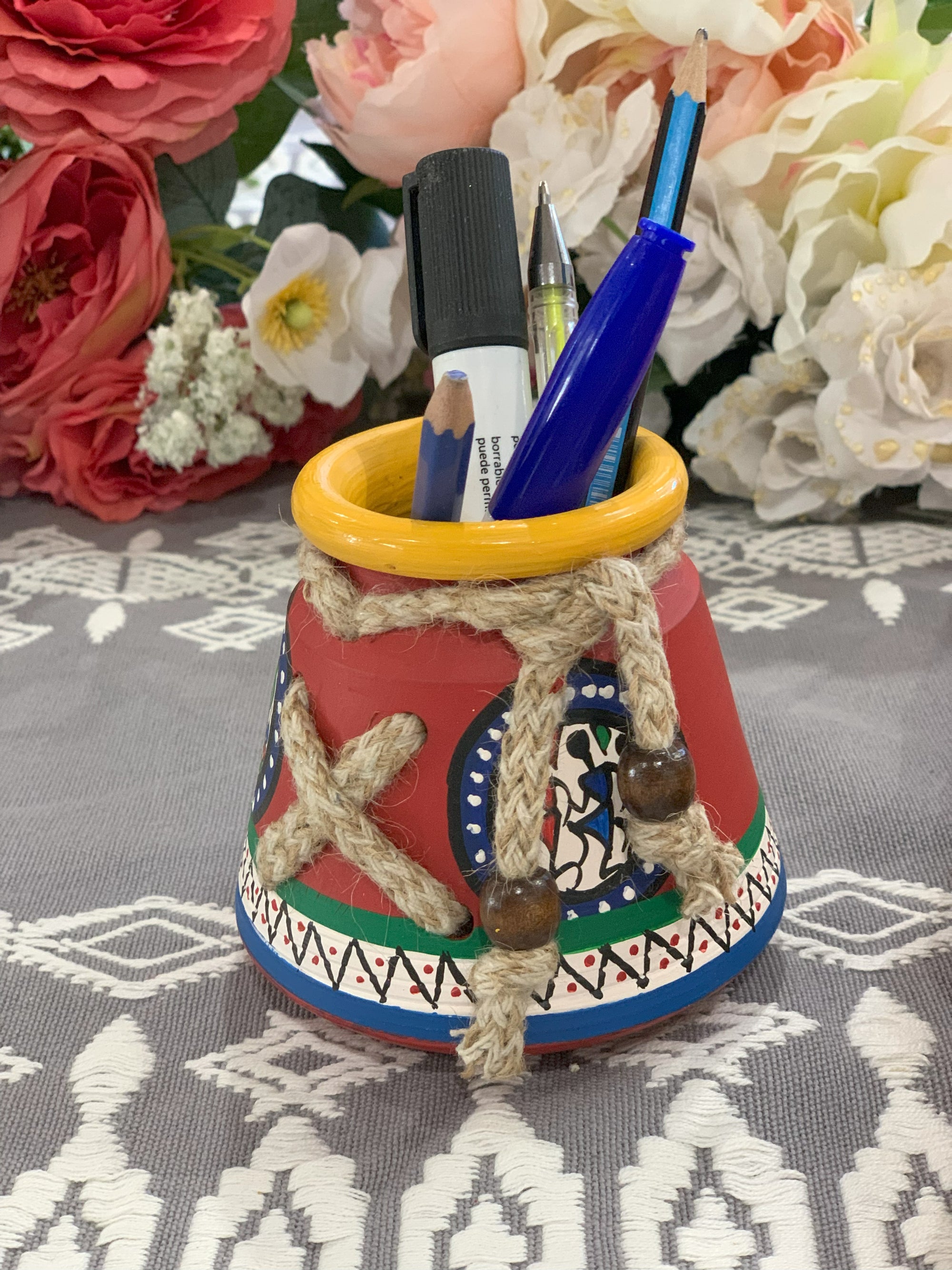 Hand Painted Clay Tribal Pen Stand