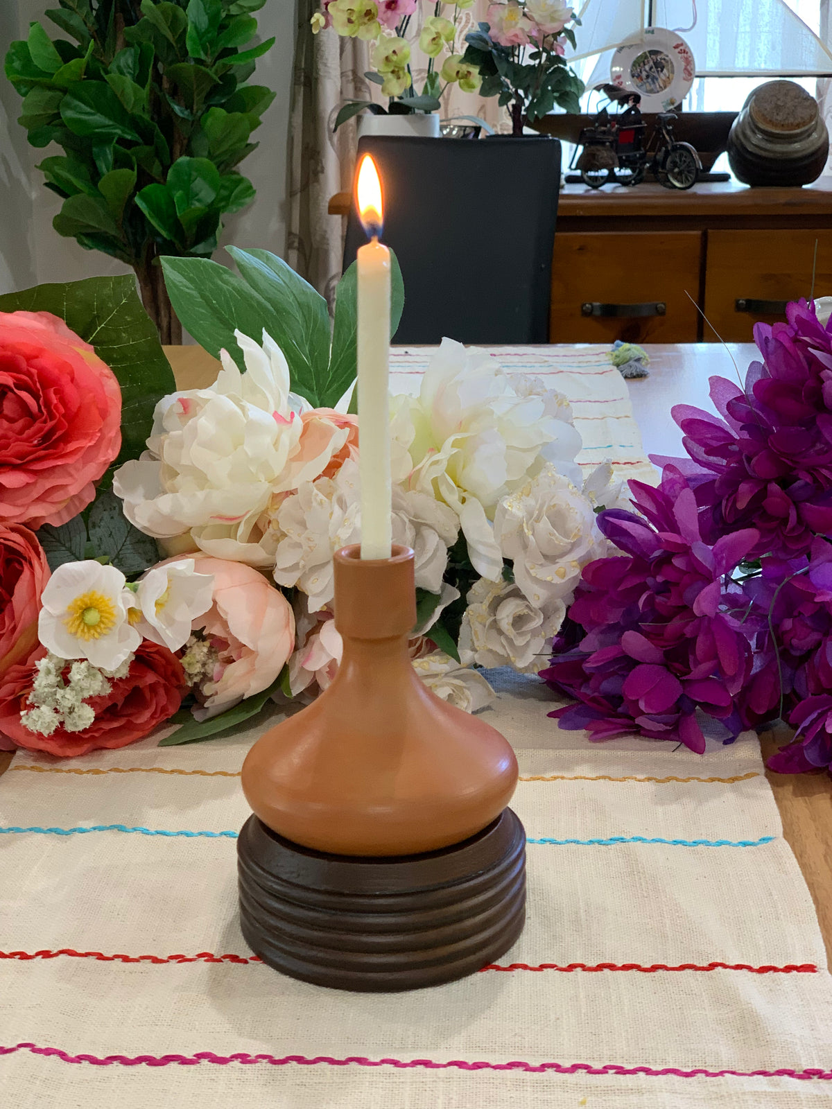 Earthy Terracotta Candle Holder with Wooden Stand – Handcrafted Rustic