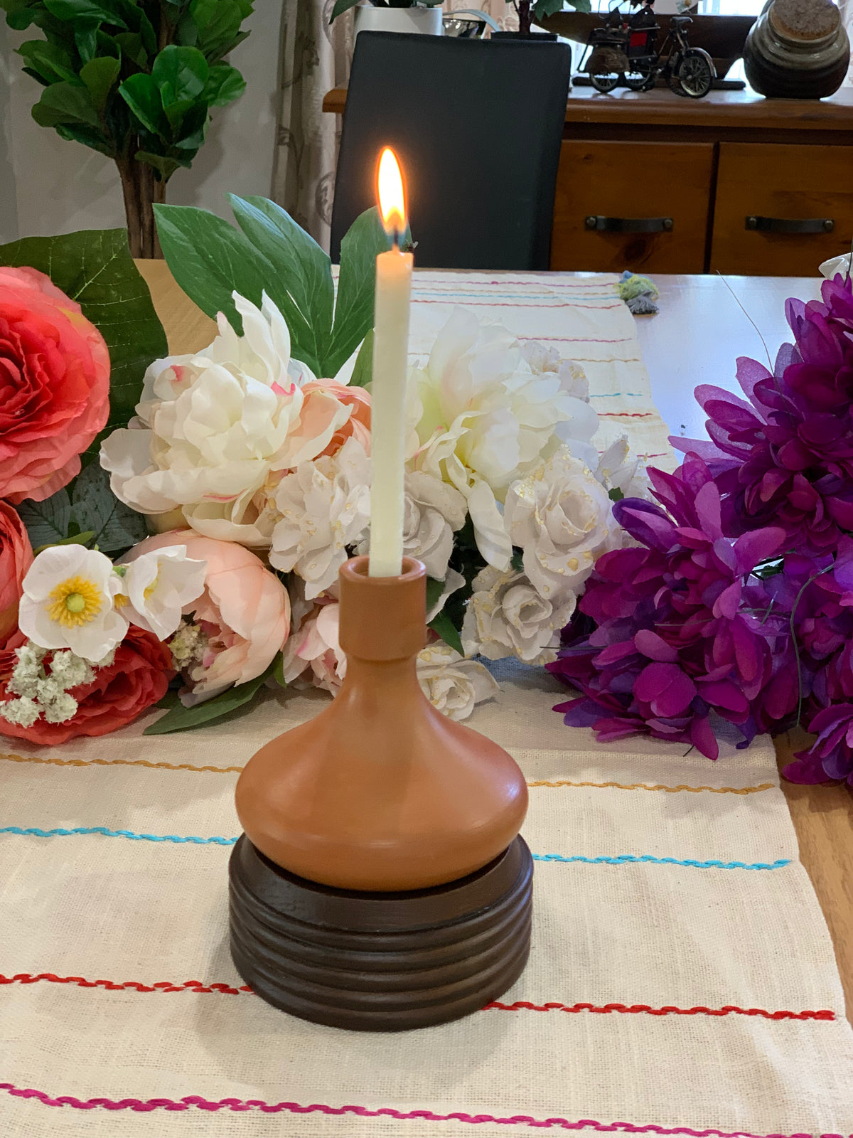 Earthy Terracotta Candle Holder with Wooden Stand – Handcrafted Rustic