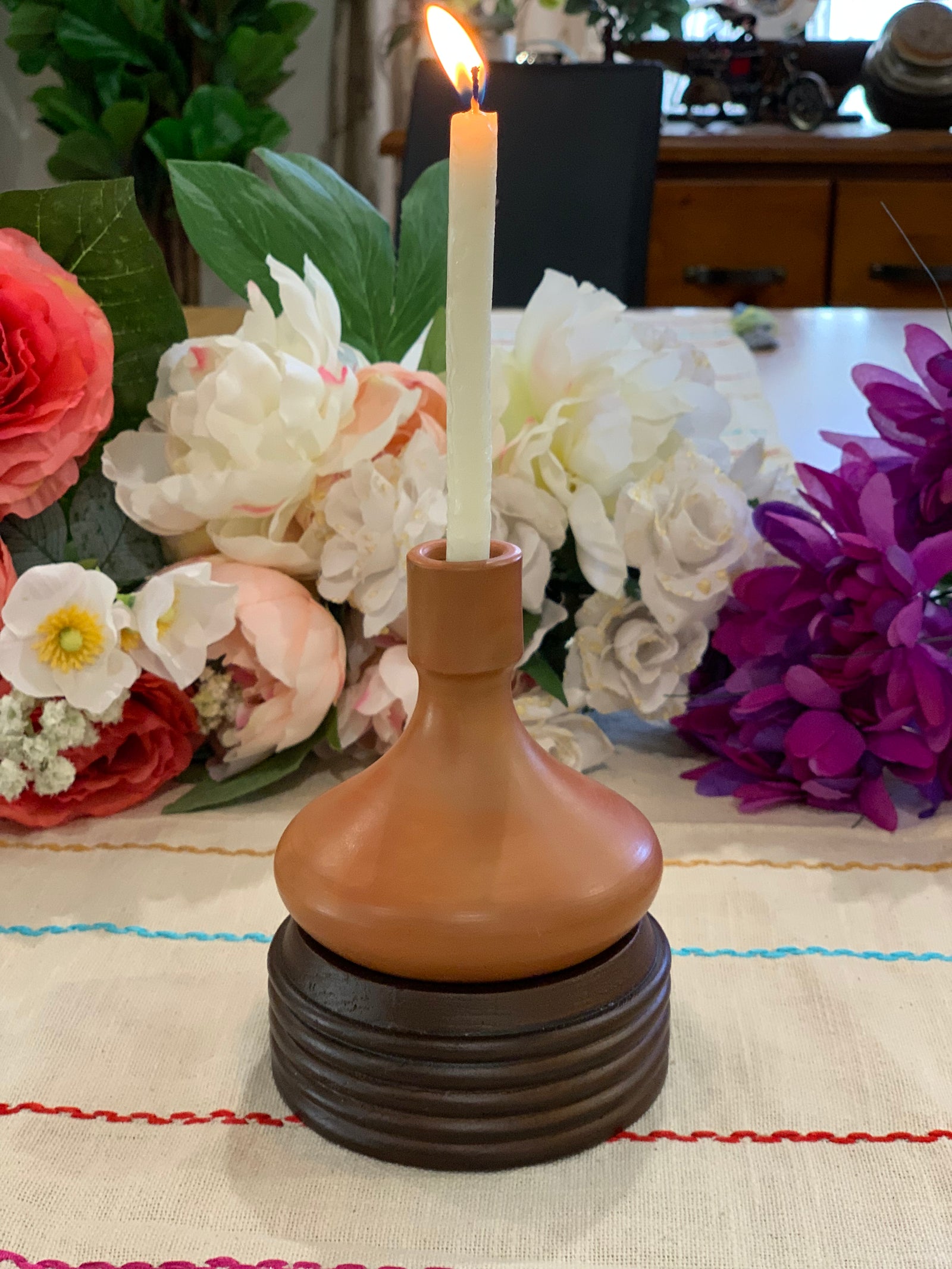 Earthy Terracotta Candle Holder with Wooden Stand – Handcrafted Rustic