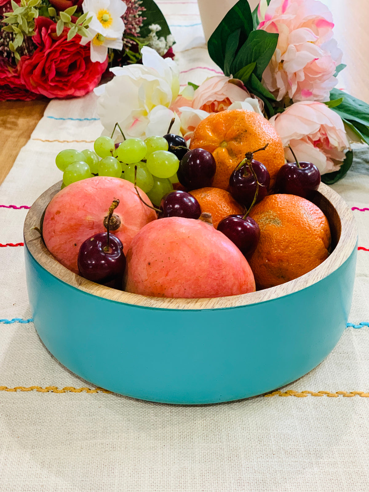 Acacia Wood Matte Aqua Salad Bowl