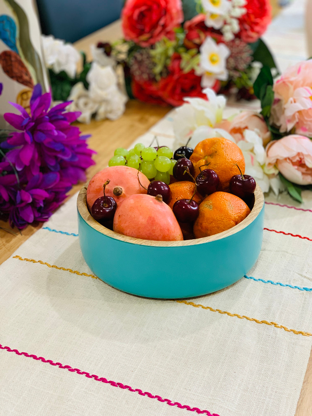Acacia Wood Matte Aqua Salad Bowl
