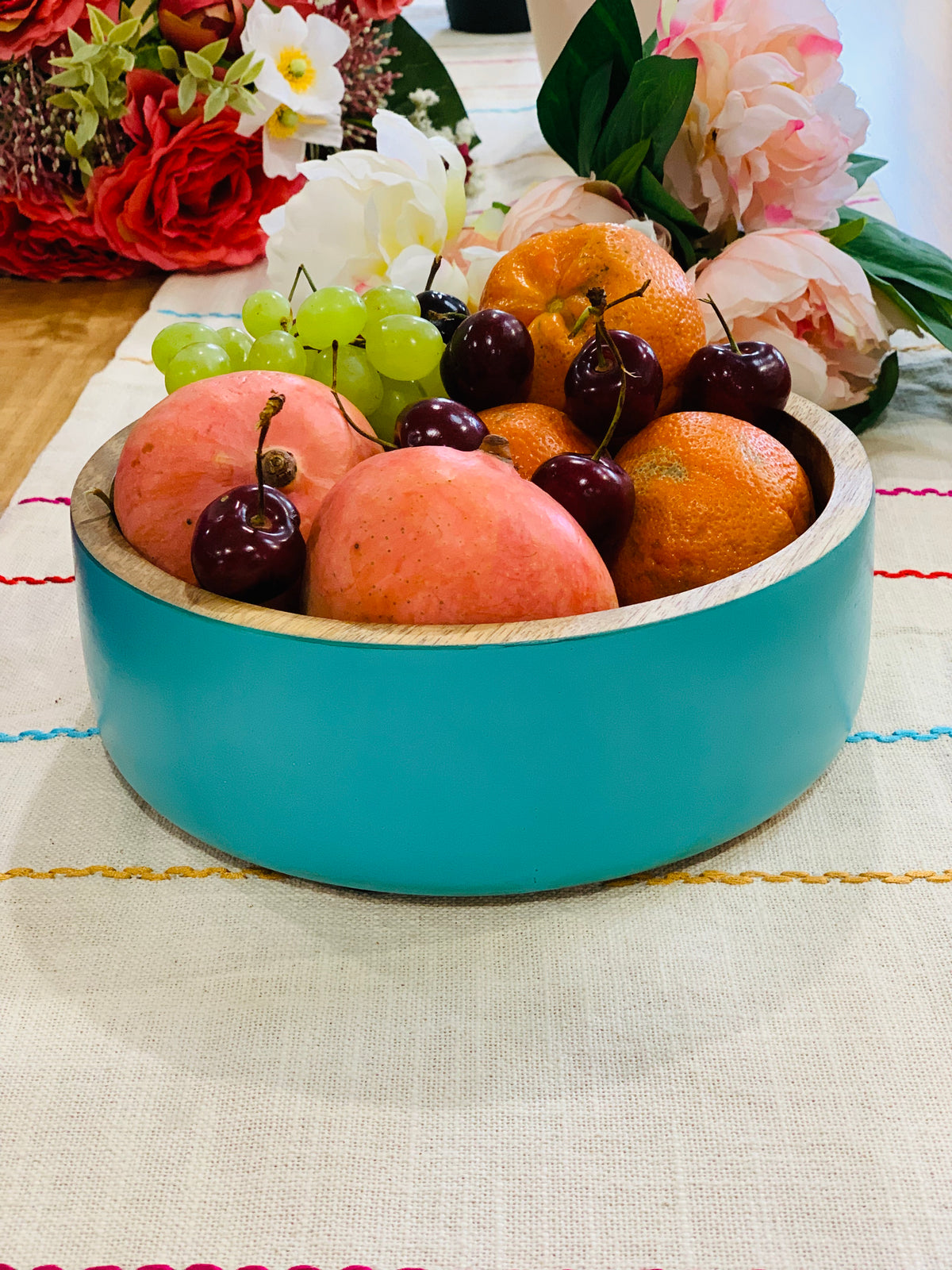 Acacia Wood Matte Aqua Salad Bowl