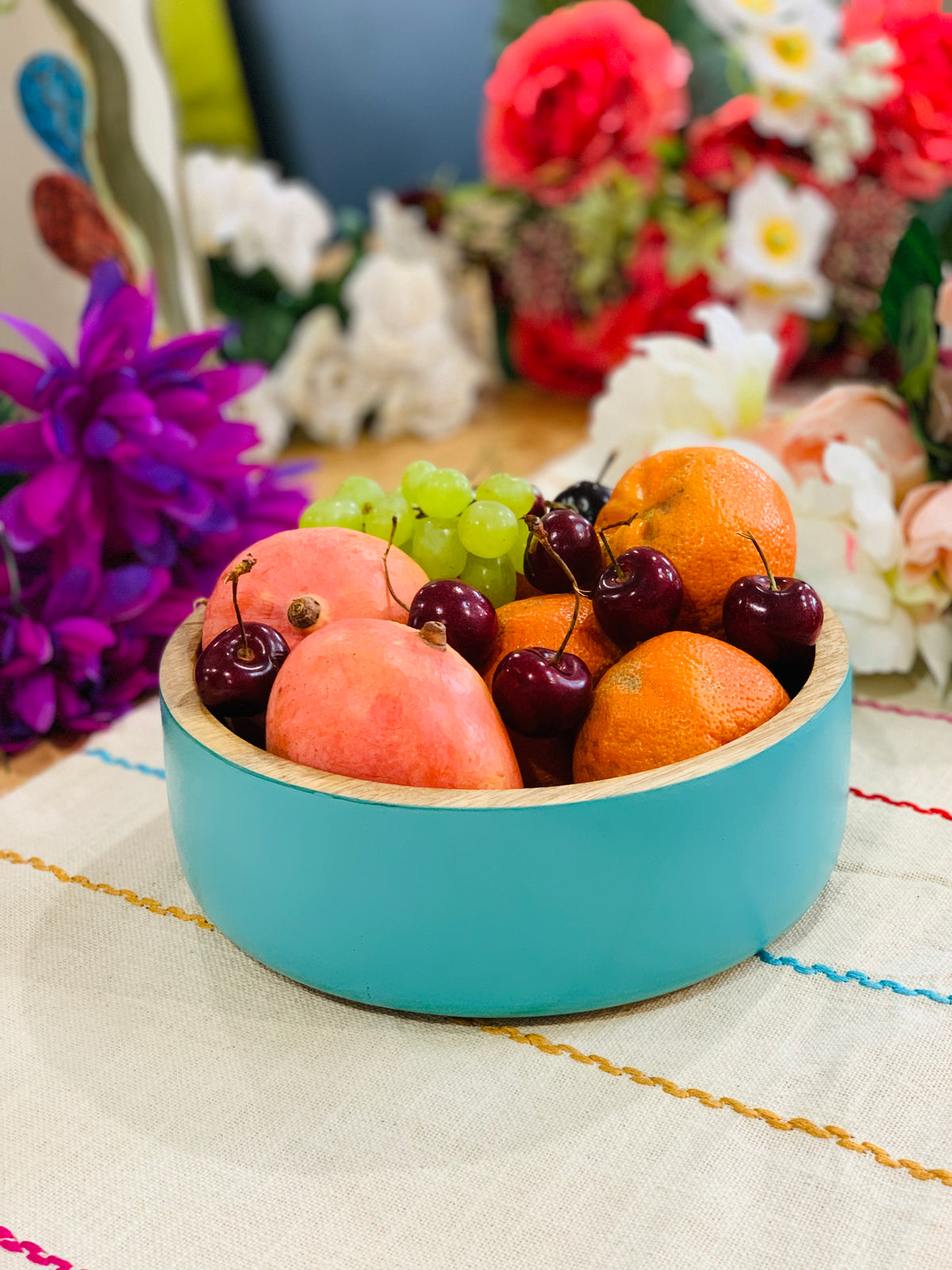 Acacia Wood Matte Aqua Salad Bowl